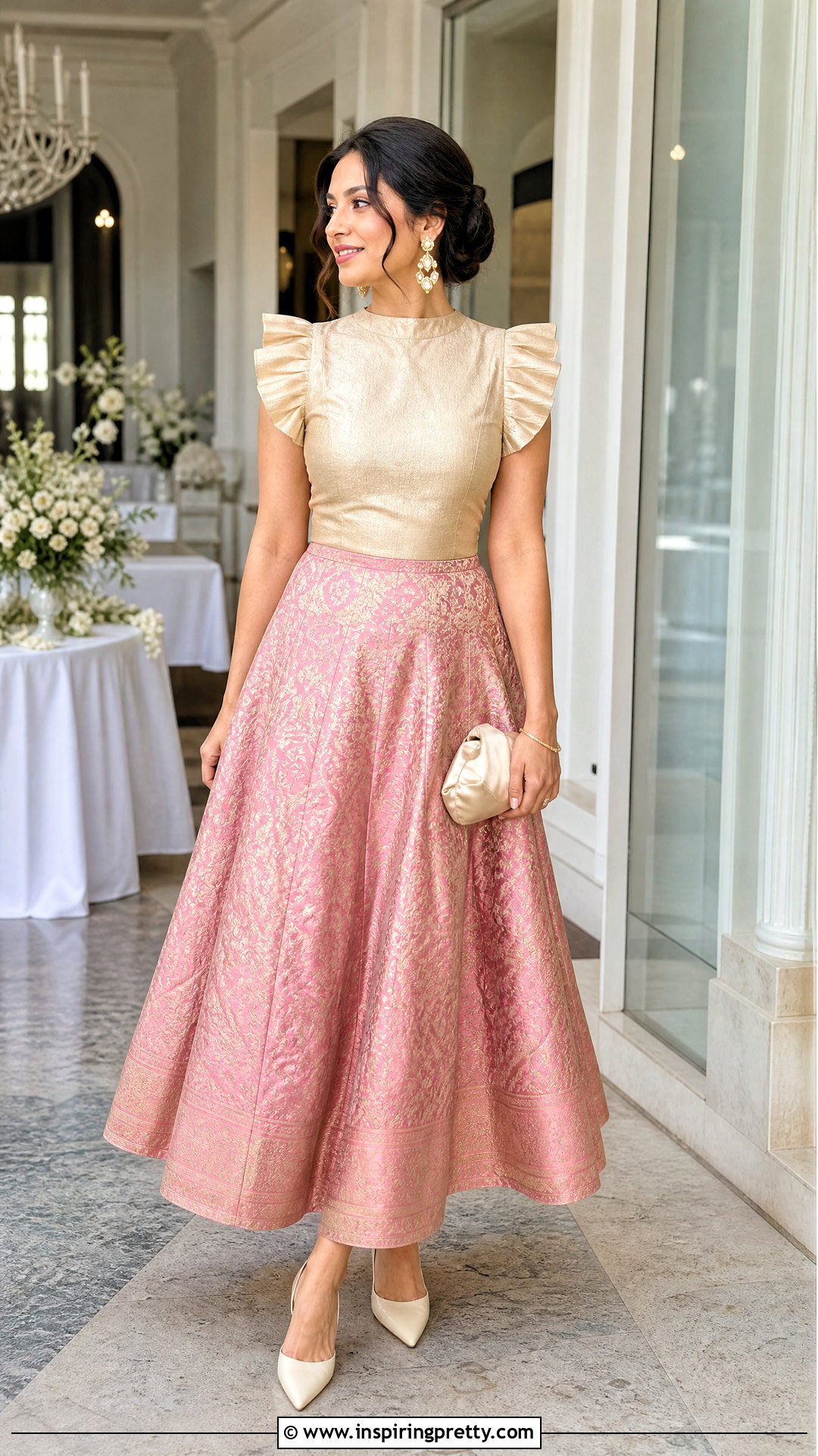 Pink Banarasi Skirt With Ruffle Sleeve Top - 50 banarasi skirt and top outfit ideas