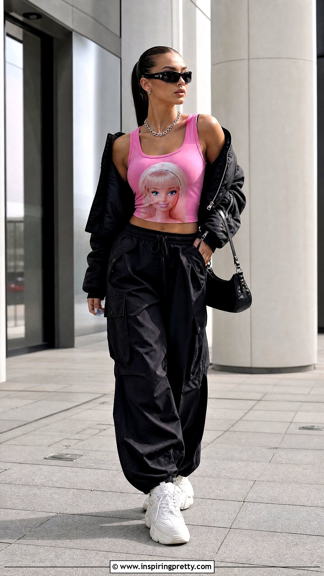 Pink Barbie Tank Top With Black Cargo Pants - 20 pink barbie tank top outfit ideas