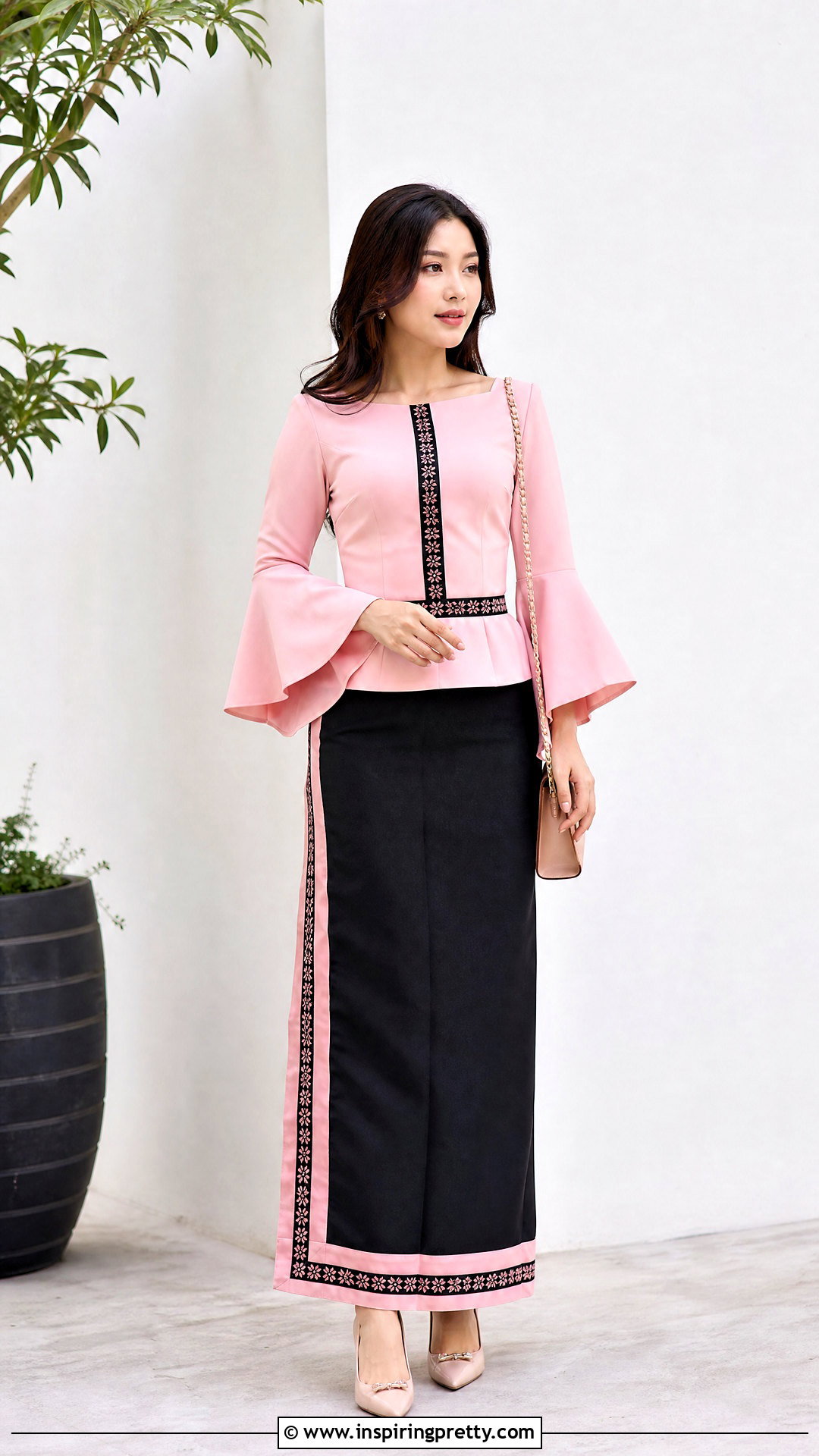 Pink Bell Sleeve Mizo Top With Black Skirt - 50 mizo tops designs