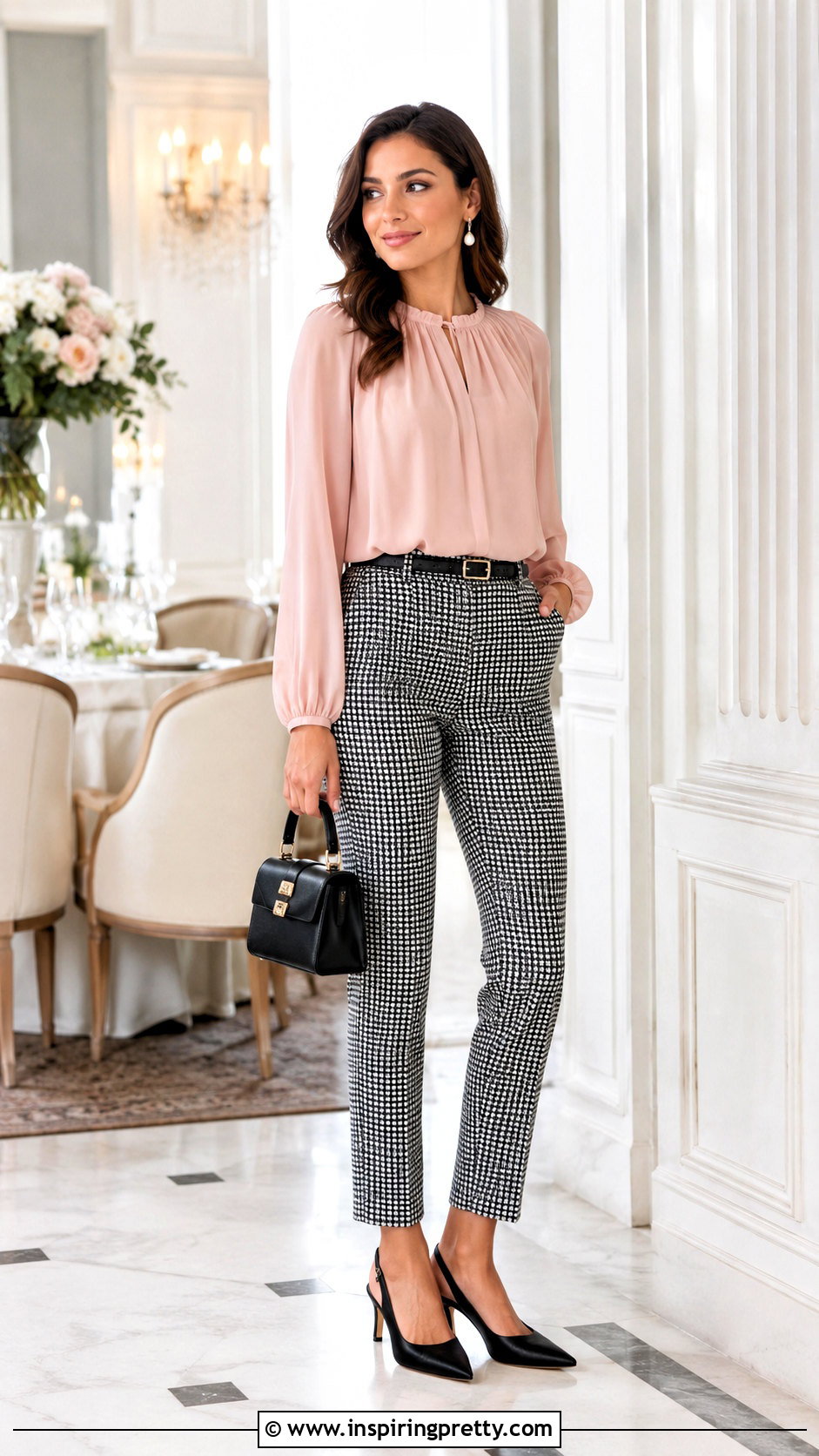Pink Blouse With Black And White Checkered Pants - 25 Tops To Wear With Black And White Checkered Pants