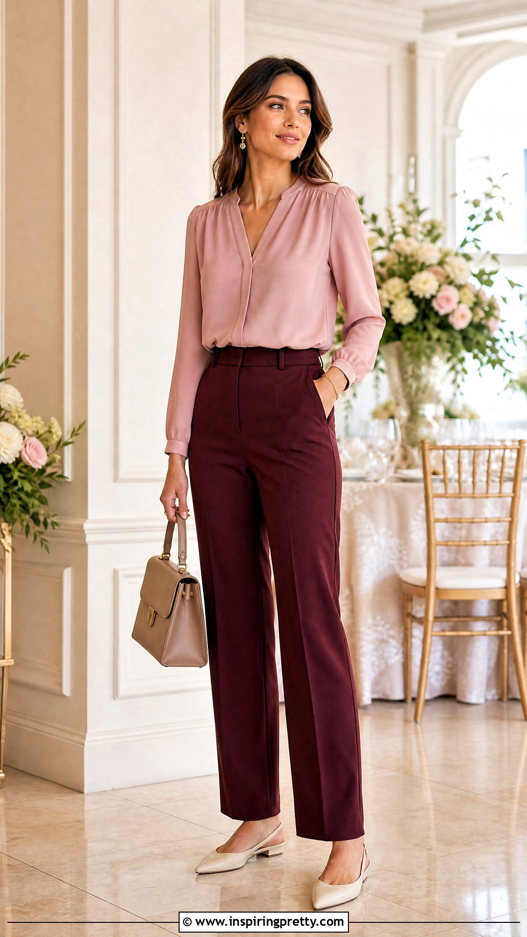 Pink Blouse With Burgundy Trousers - 50 top and pants outfit ideas