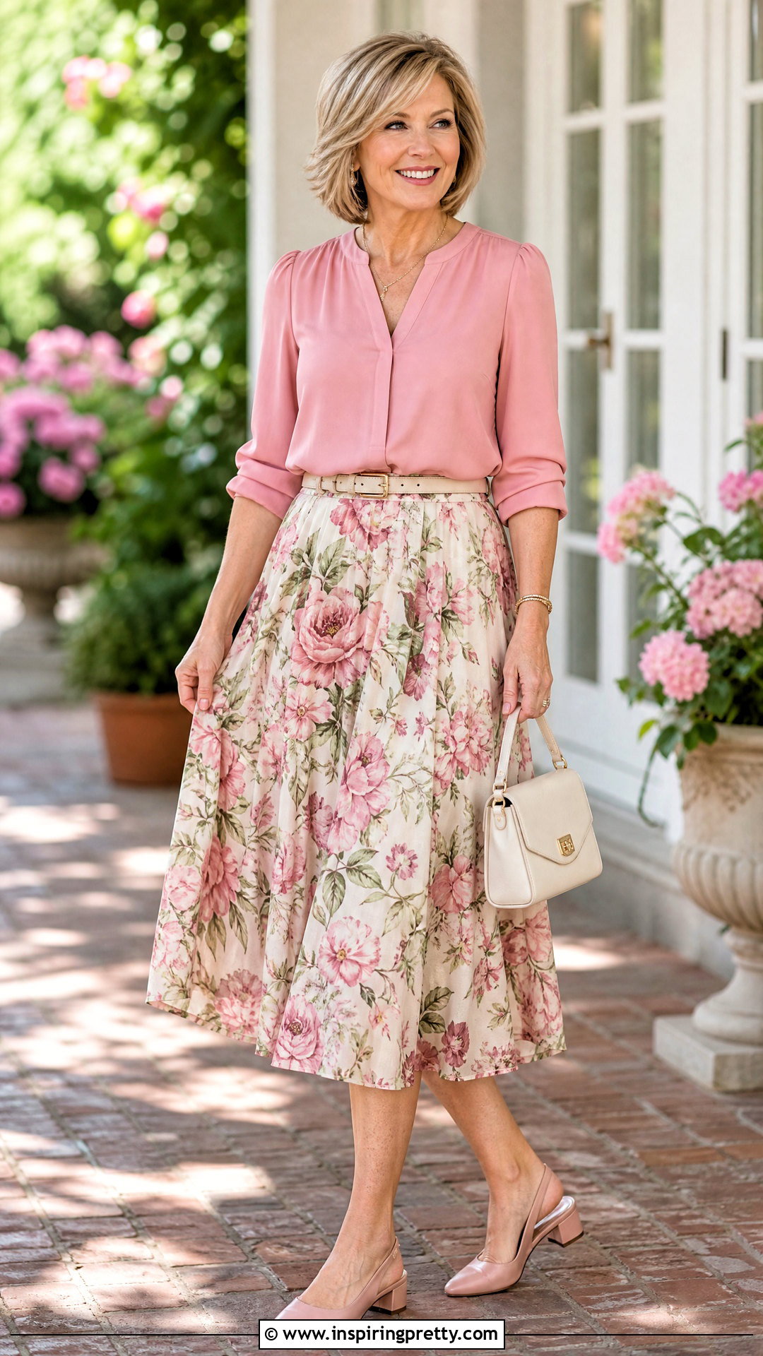 Pink Blouse With Floral Midi Skirt - 20 Spring Fashion Pink Top outfit ideas