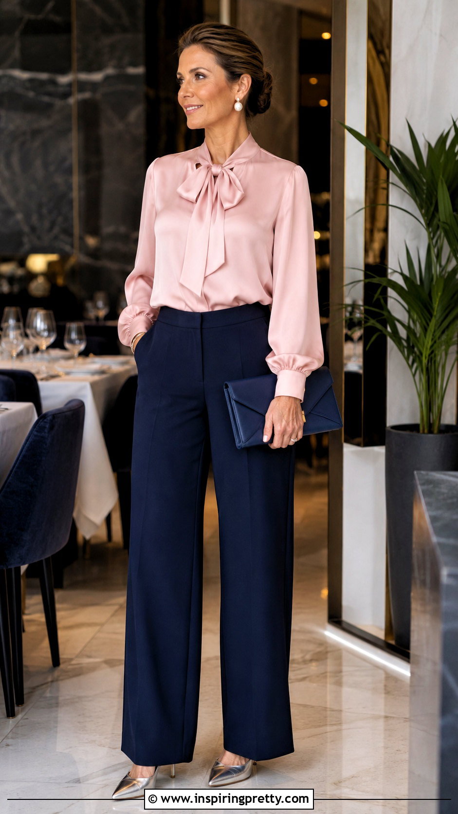 Pink Bow Blouse With Navy Trousers - 20 Pink Evening Wear Top outfit ideas