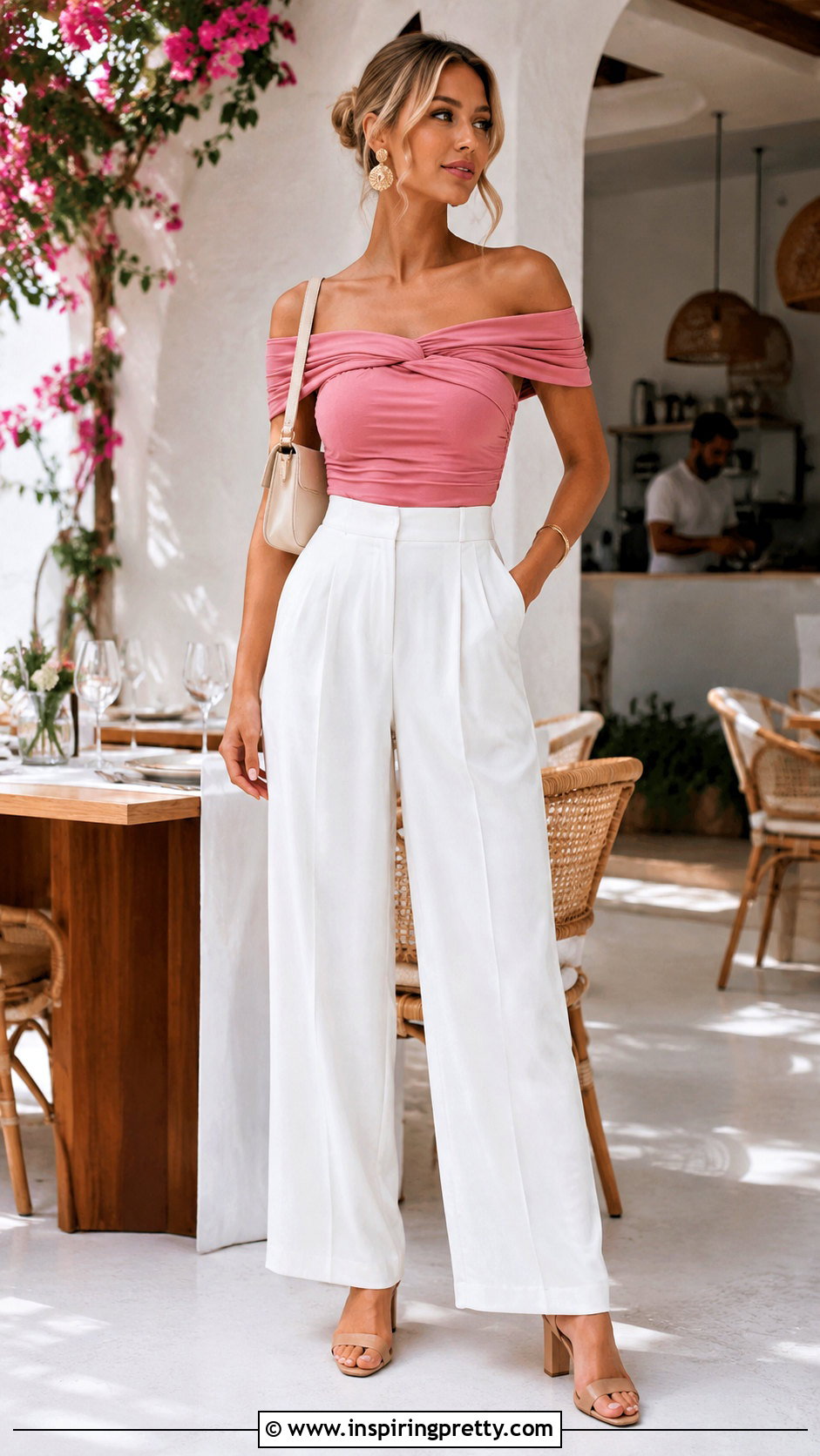 Pink Brigitte Bardot Top With White Trousers - 25 brigitte bardot top outfit ideas