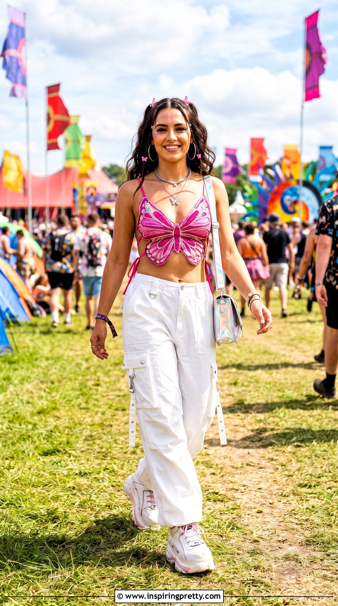 Pink Butterfly Rave Top With White Cargo Pants - 25 butterfly rave top outfit ideas