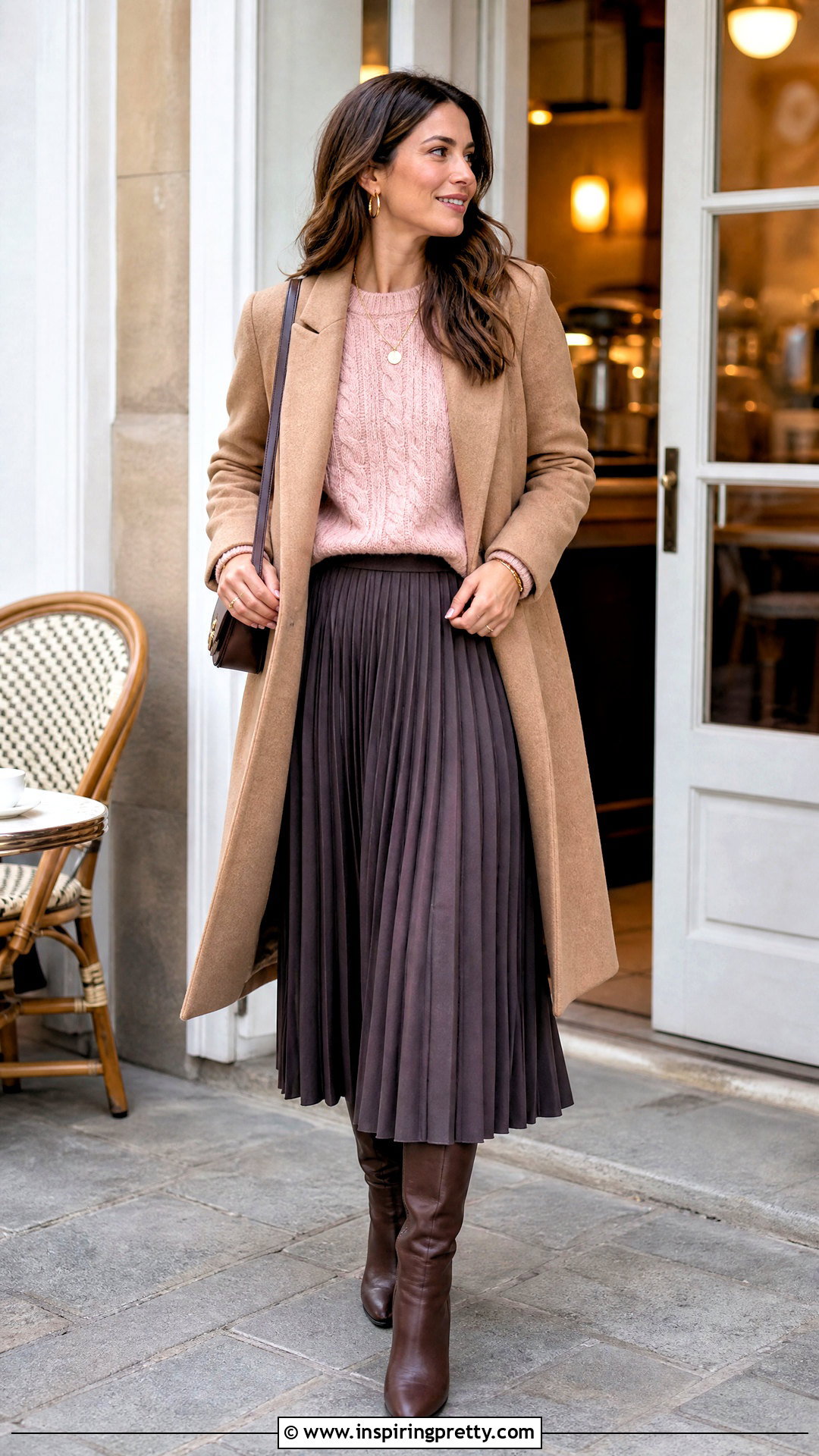 Pink Cable Knit Sweater With Pleated Skirt - 20 fall fashion pink top outfit ideas