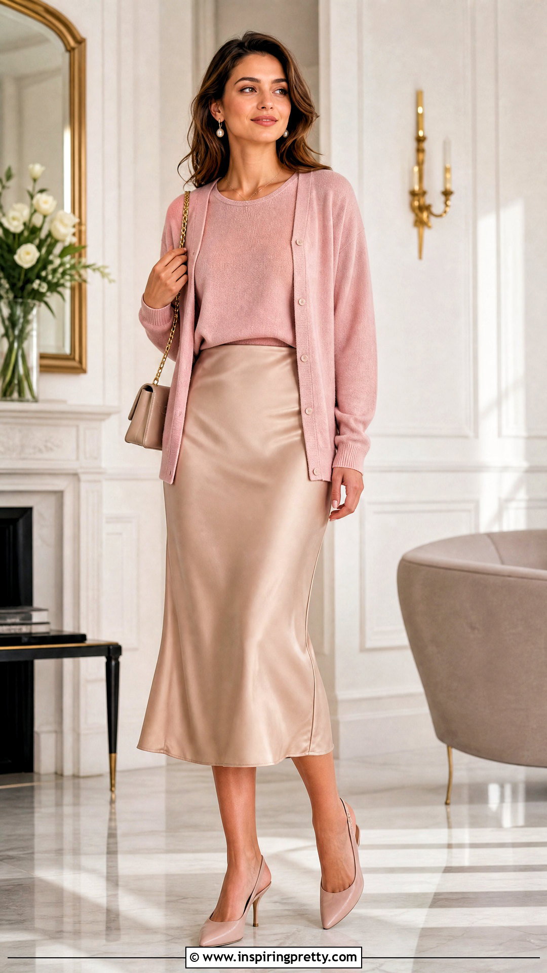 Pink Cardigan And Top Set With Satin Midi Skirt - 20 Matching Cardigan And Top Set outfits