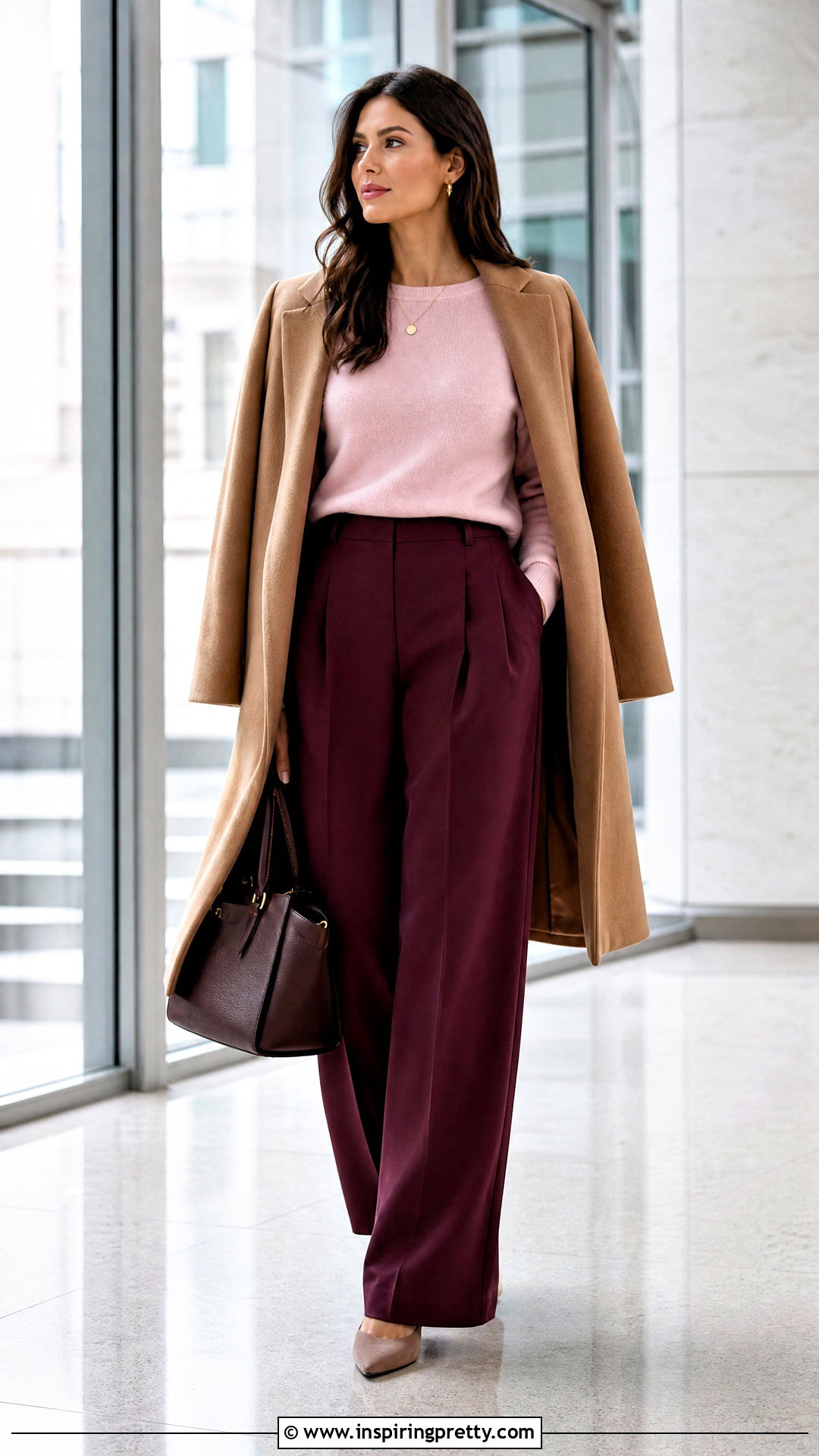 Pink Cashmere Top With Burgundy Trousers - 25 Pink Cashmere Top outfit ideas