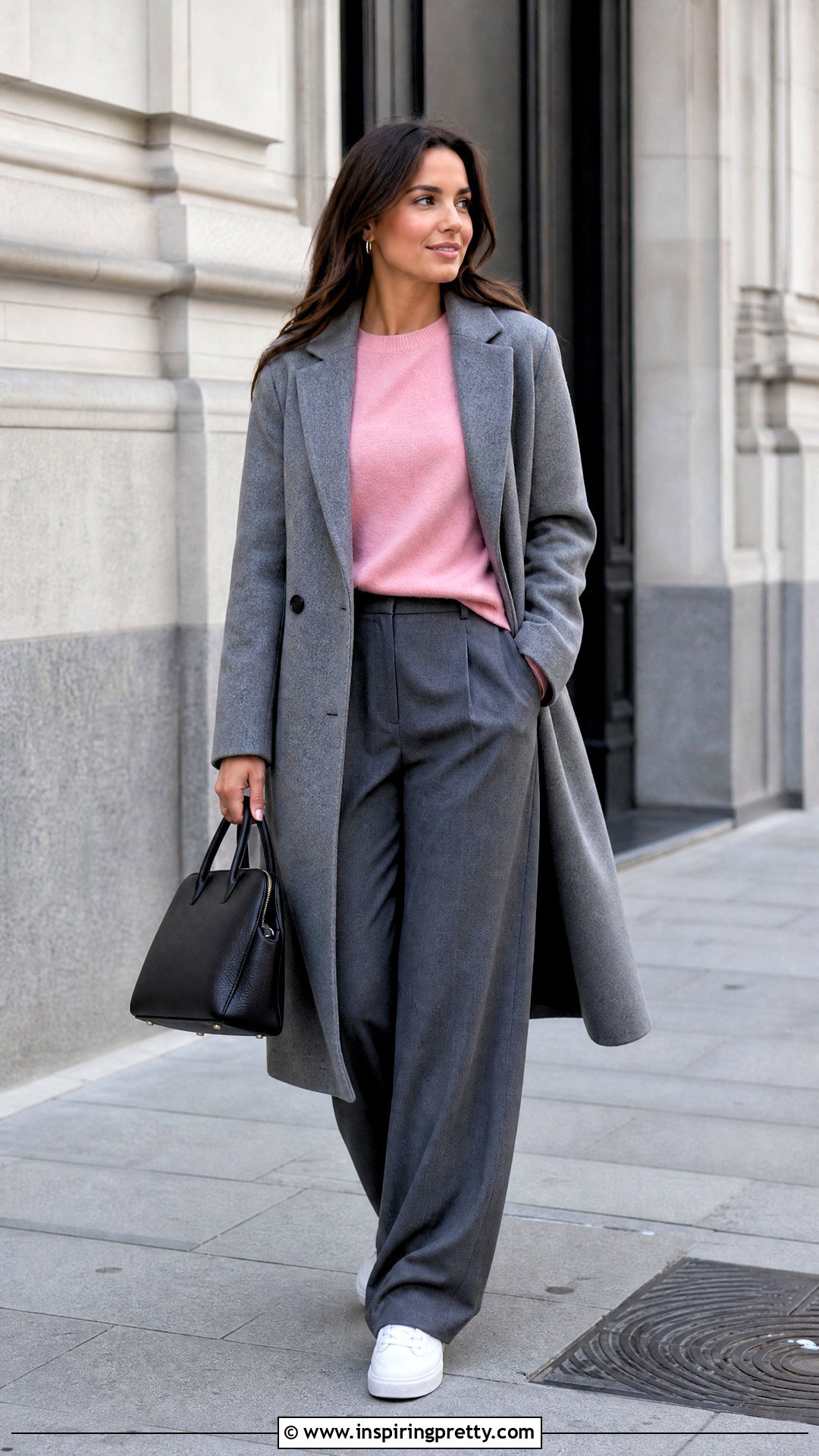 Pink Cashmere Top With Gray Wide Leg Trousers - 25 Pink Cashmere Top outfit ideas