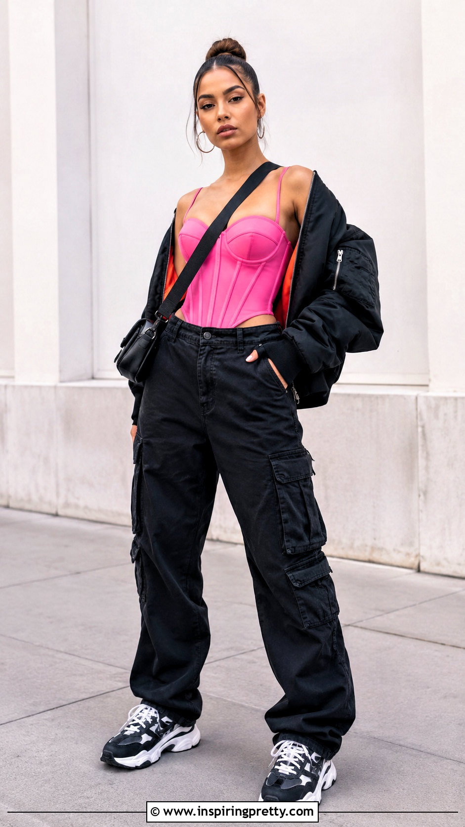 Pink Corset Top With Bomber Jacket And Cargos - 50 pink corset top outfit ideas