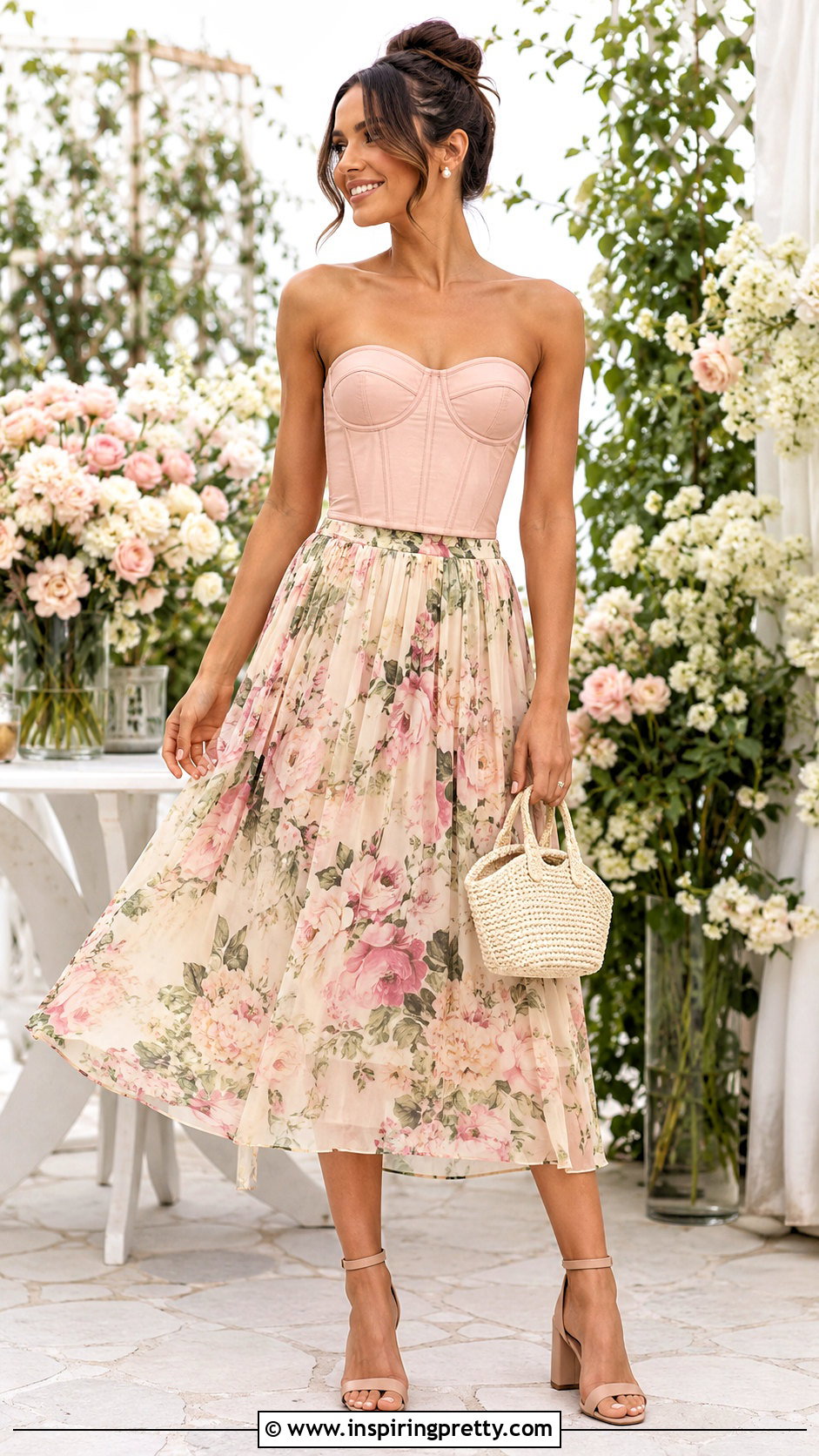 Pink Corset Top With Floral Midi Skirt - 50 pink corset top outfit ideas