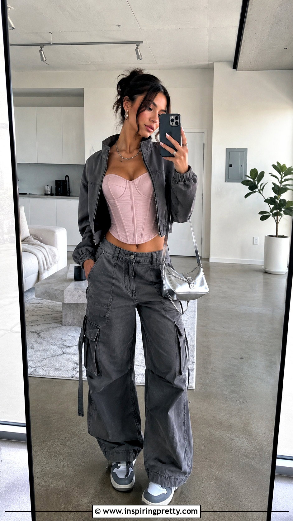 Pink Corset Top With Gray Cargo Pants - 25 Cargo Corset Top outfit ideas