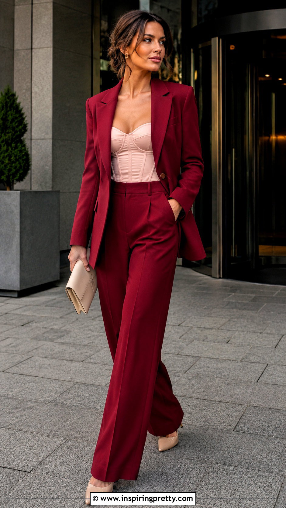 Pink Corset Top With Red Pantsuit - 20 corset top pantsuit outfit ideas