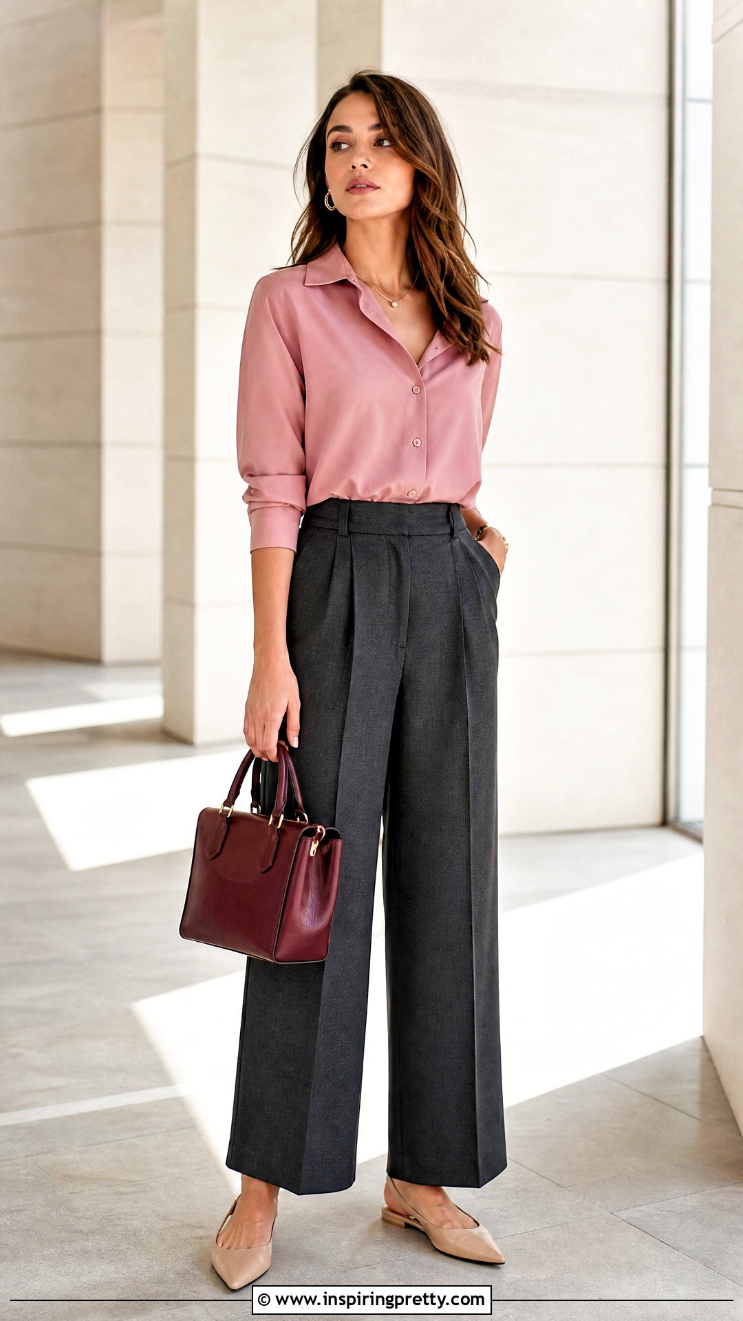 Pink Cotton Top With Gray Trousers - 50 cute cotton tops outfit ideas