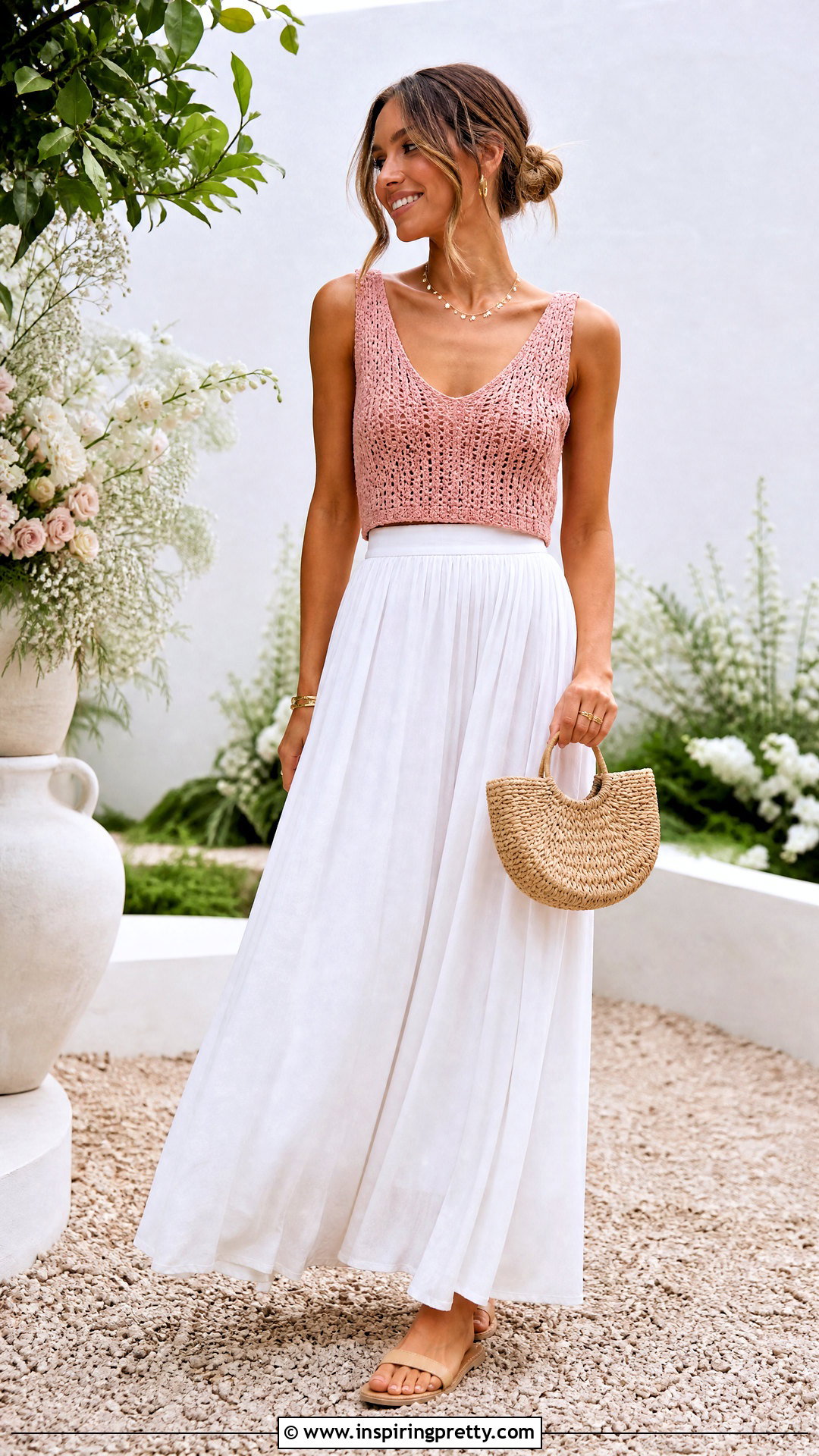 Pink Crochet Tank Top With White Maxi Skirt - 50 crochet tank top outfit ideas