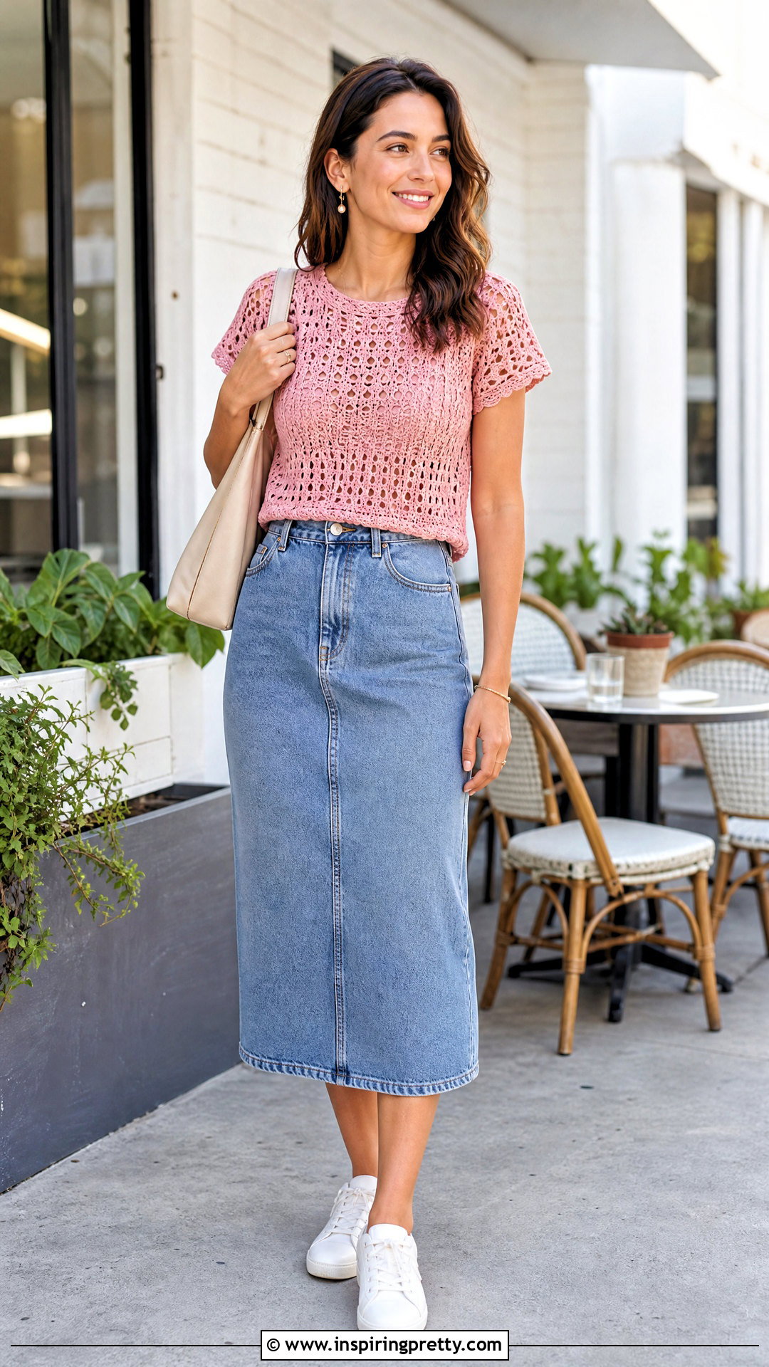 Pink Crochet Top With Denim Midi Skirt - 50 crochet top ideas