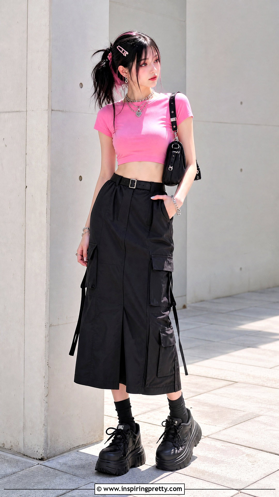 Pink Crop Top And Black Cargo Skirt Outfit - 25 egirl crop top outfit ideas