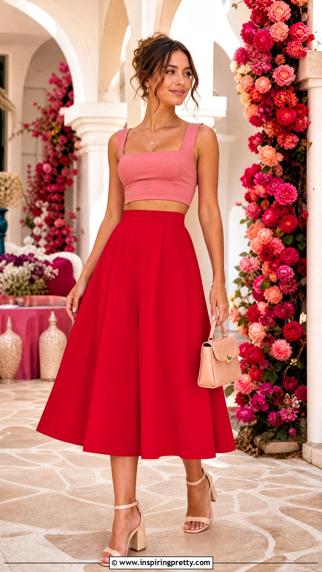 Pink Crop Top And Red Midi Skirt Outfit - 50 crop top and skirt outfits