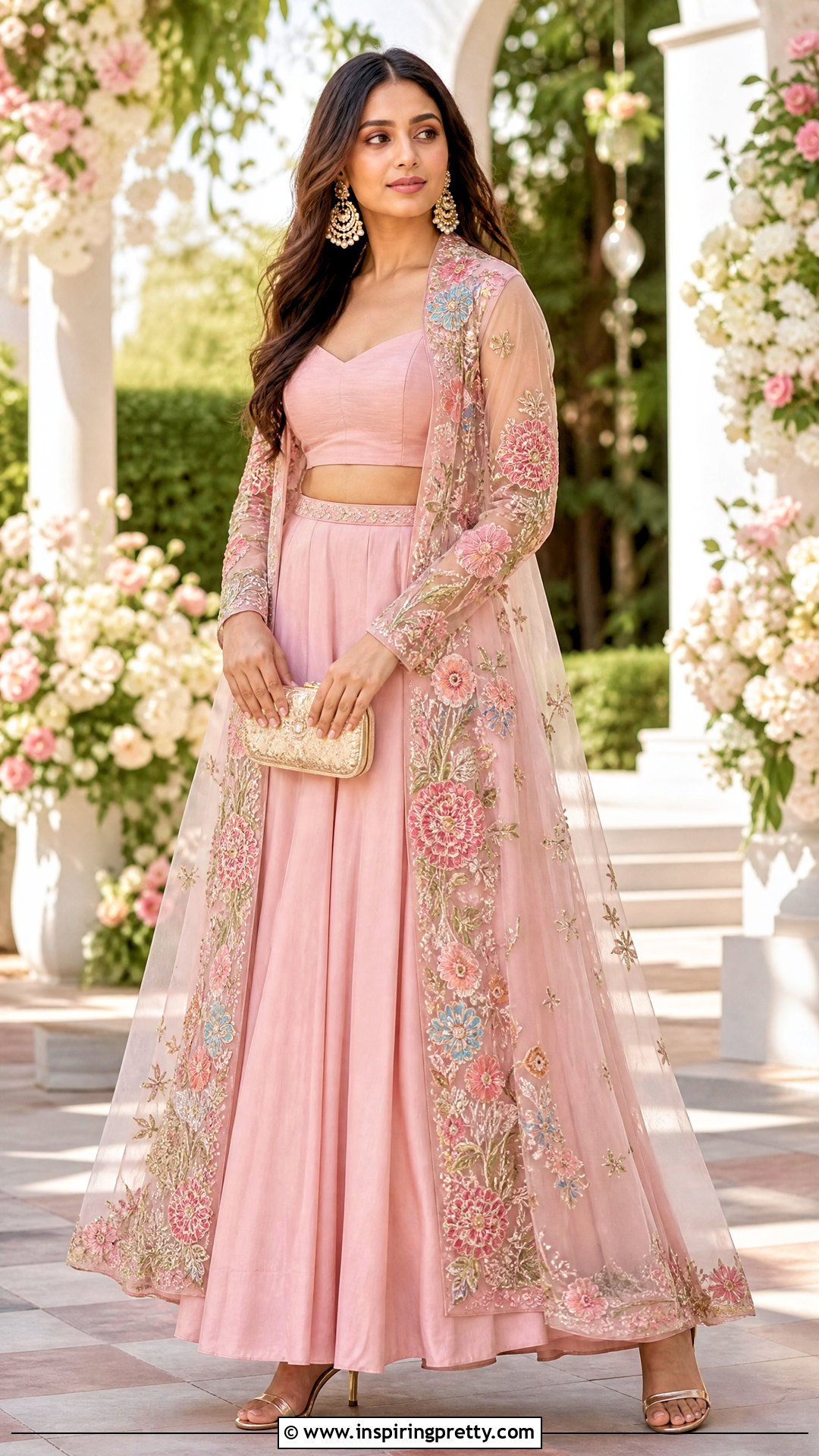 Pink Crop Top Lehenga With Floral Jacket - 50 crop top lehenga with jacket outfit ideas