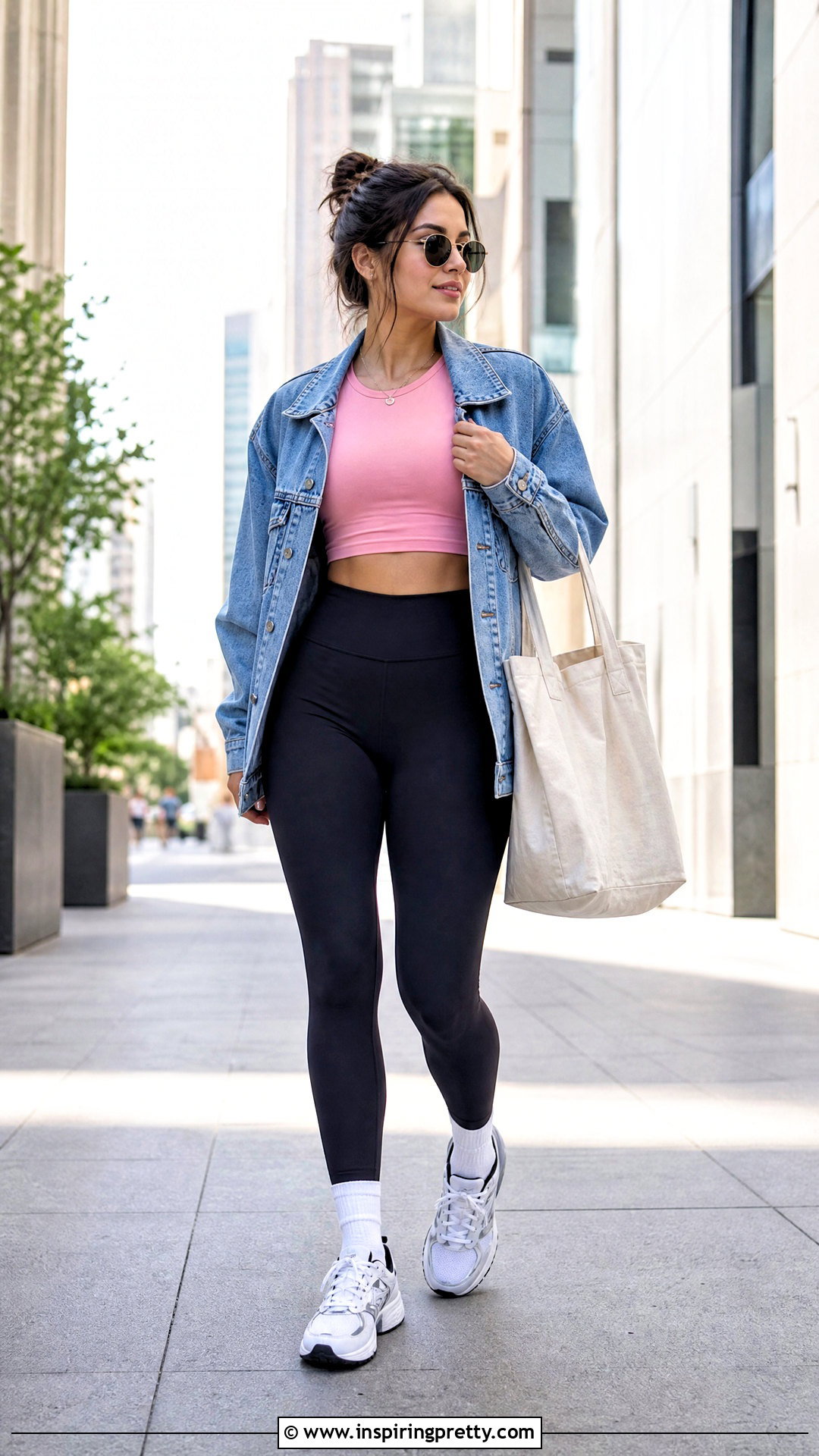 Pink Crop Top With Black Leggings And A Denim Jacket - what to wear with a pink crop top (25 ways)