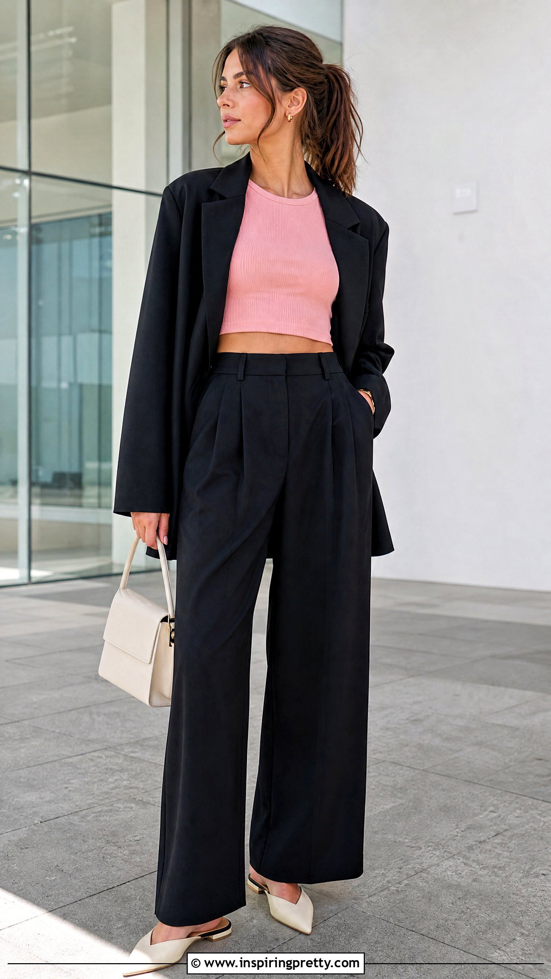Pink Crop Top With Black Trousers And An Oversized Blazer - what to wear with a pink crop top (25 ways)