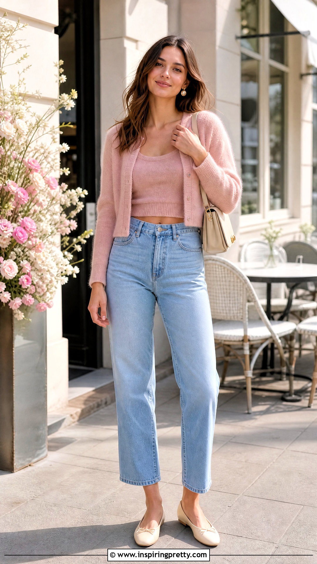 Pink Crop Top With Cropped Cardigan And Jeans - 50 pink crop top outfit ideas