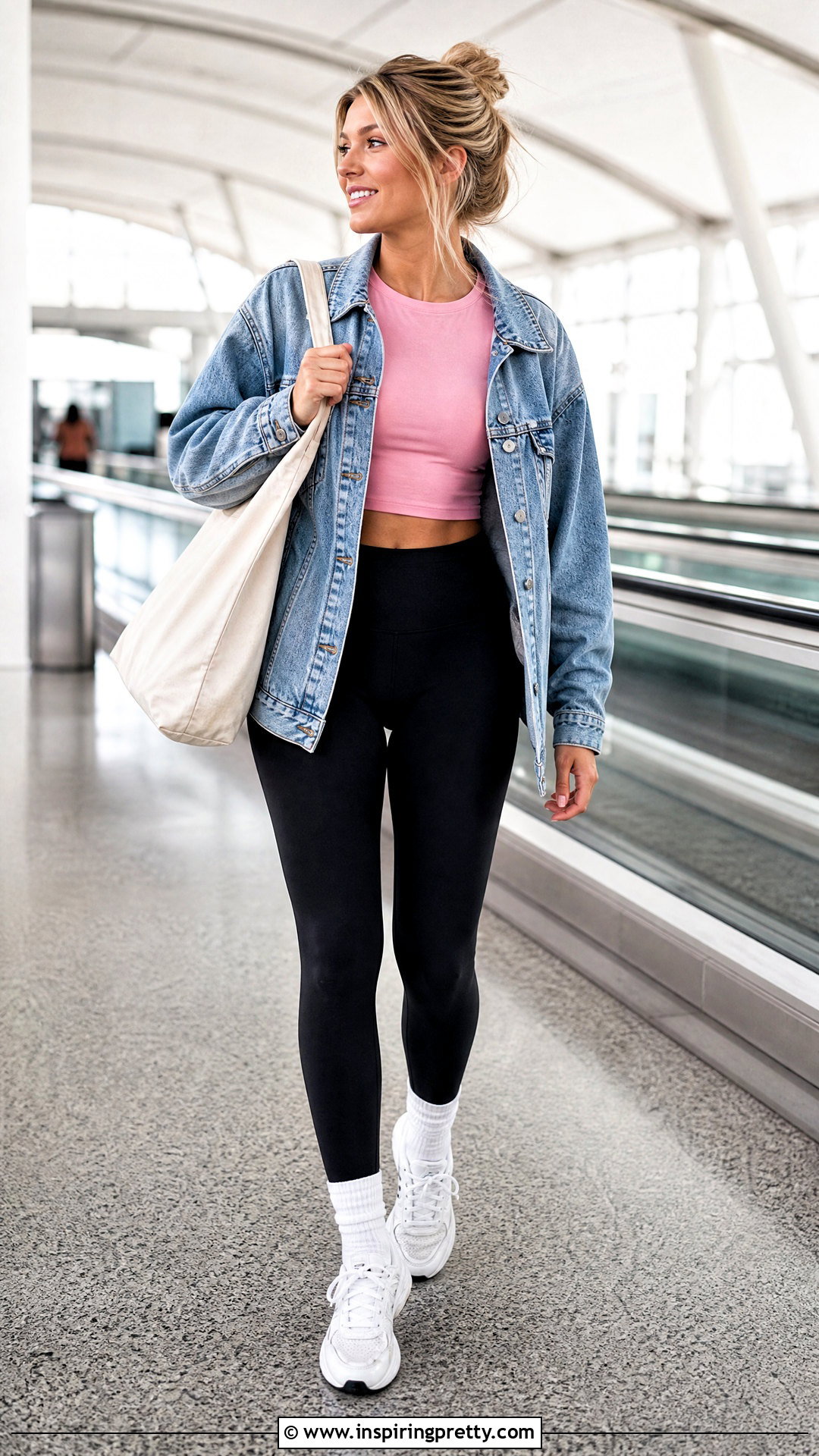 Pink Crop Top With Denim Jacket And Leggings - 50 pink crop top outfit ideas
