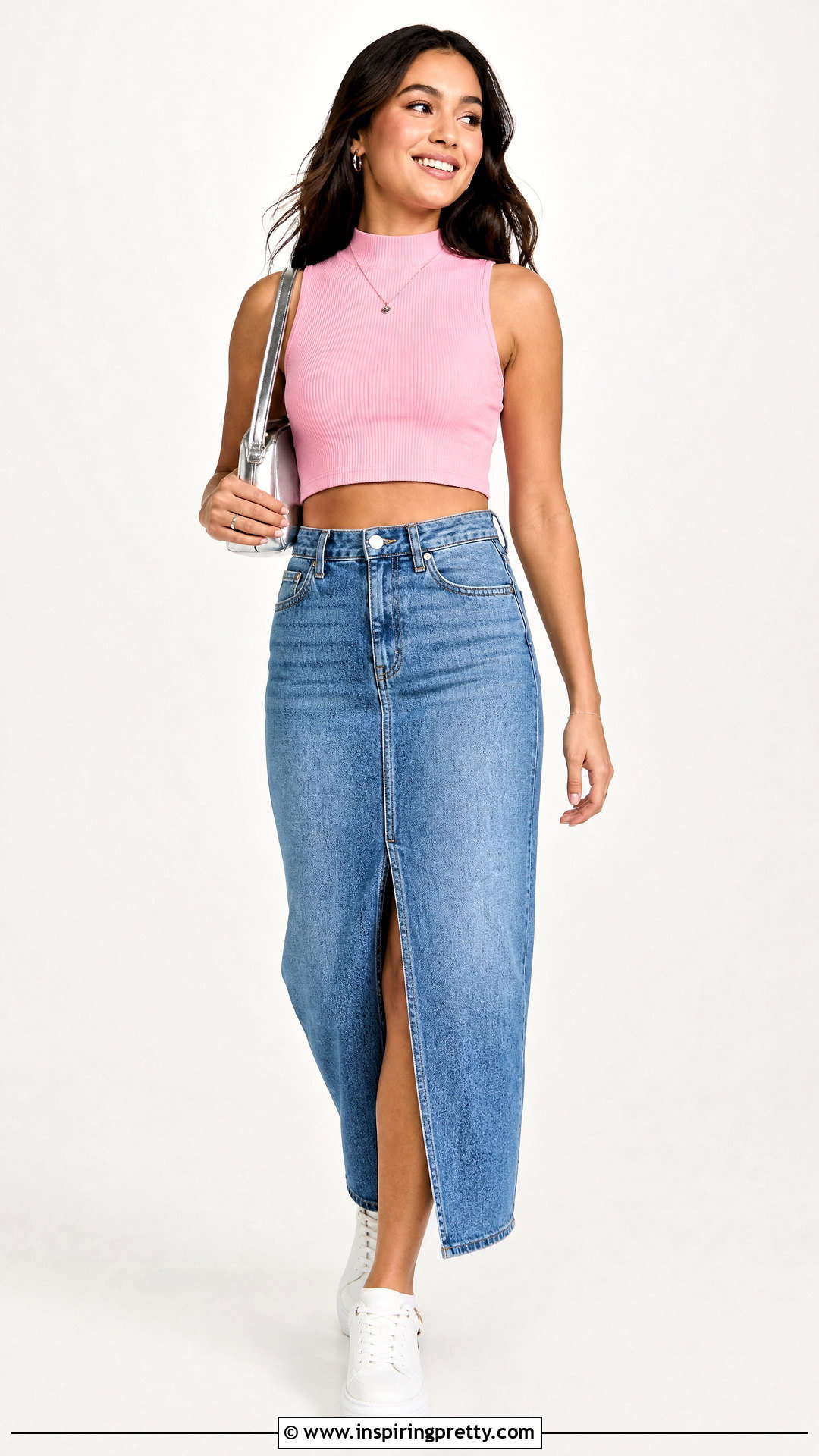 Pink Crop Top With Denim Maxi Skirt - 25 Pink Crop Top White Background ideas