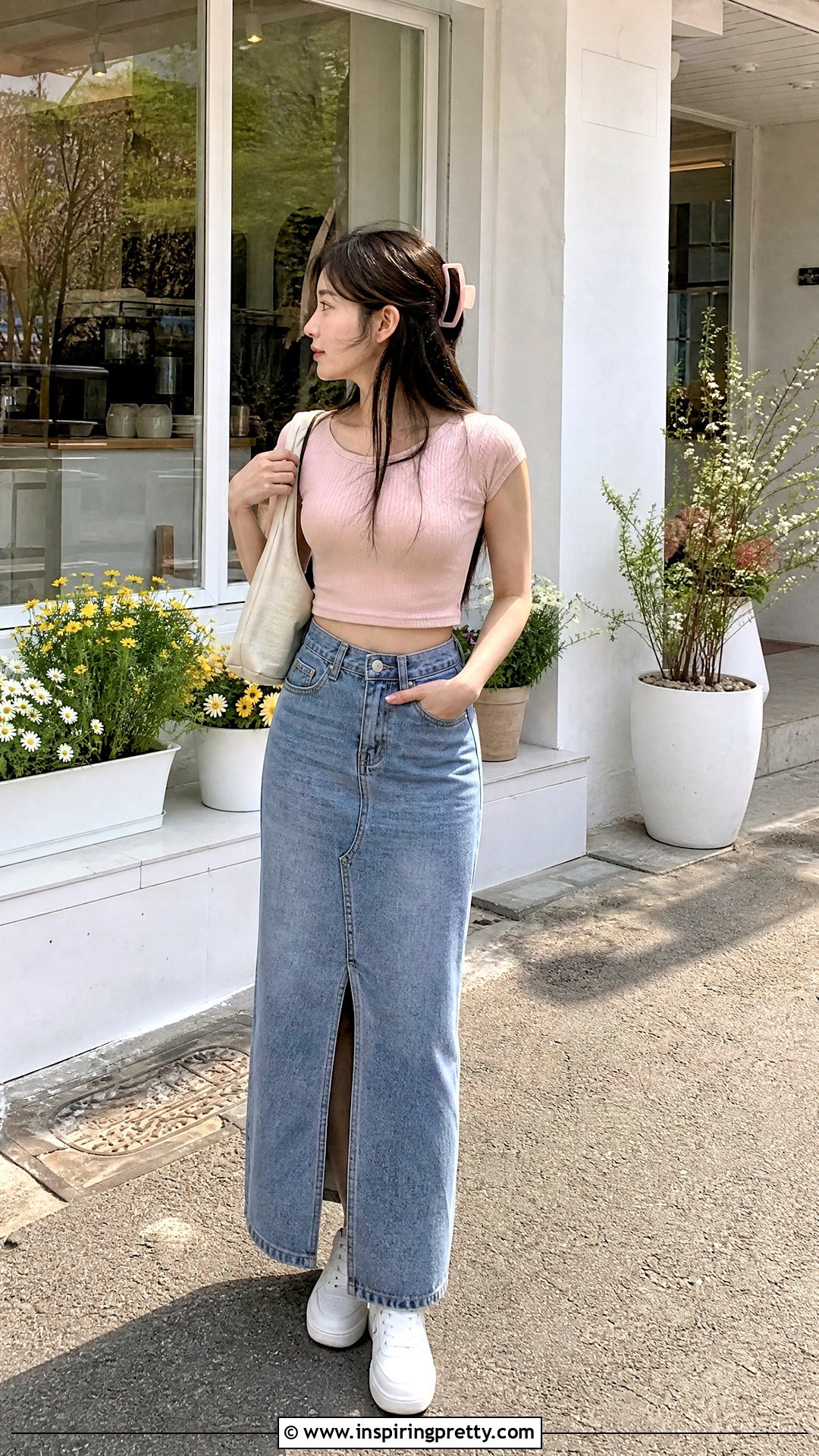 Pink Crop Top With Denim Maxi Skirt Outfit - 50 crop top outfits korean styles