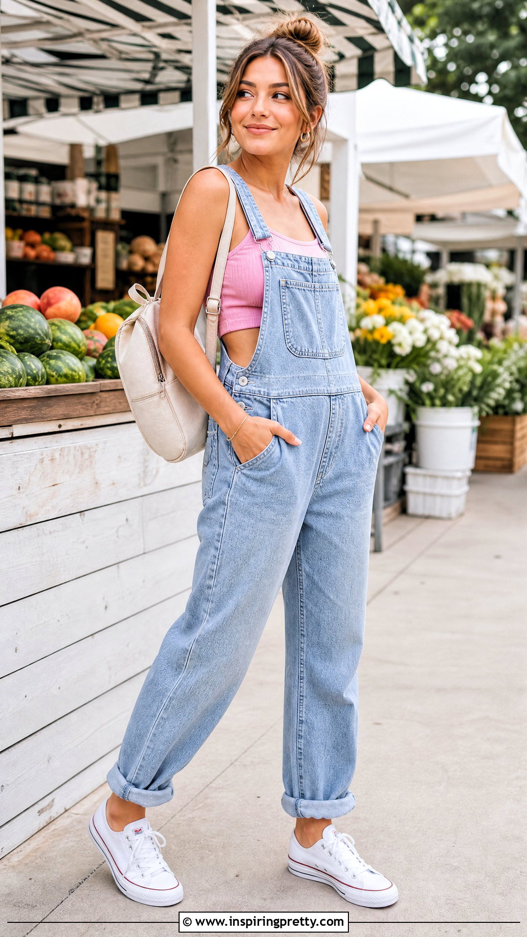 Pink Crop Top With Denim Overalls And Sneakers - what to wear with a pink crop top (25 ways)