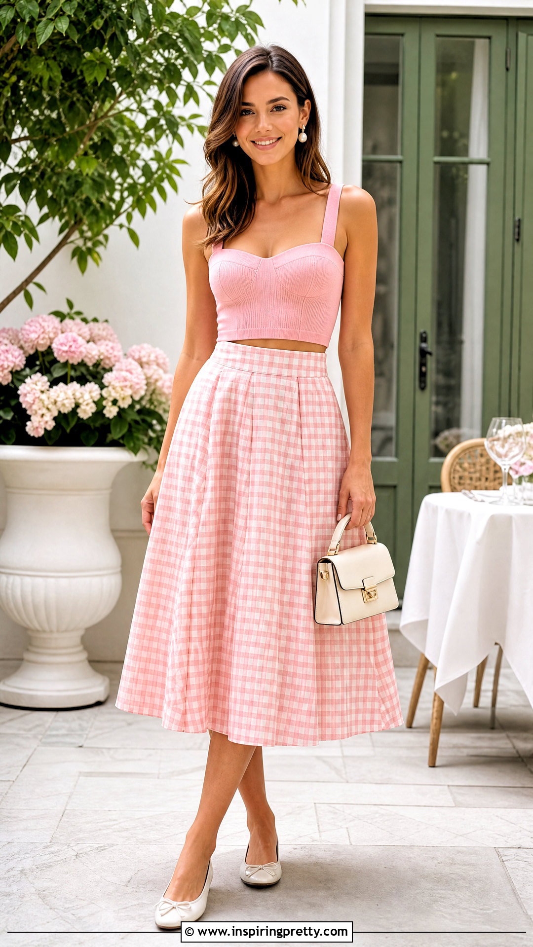 Pink Crop Top With Gingham Skirt - 20 Preppy Pink Crop Top outfit ideas