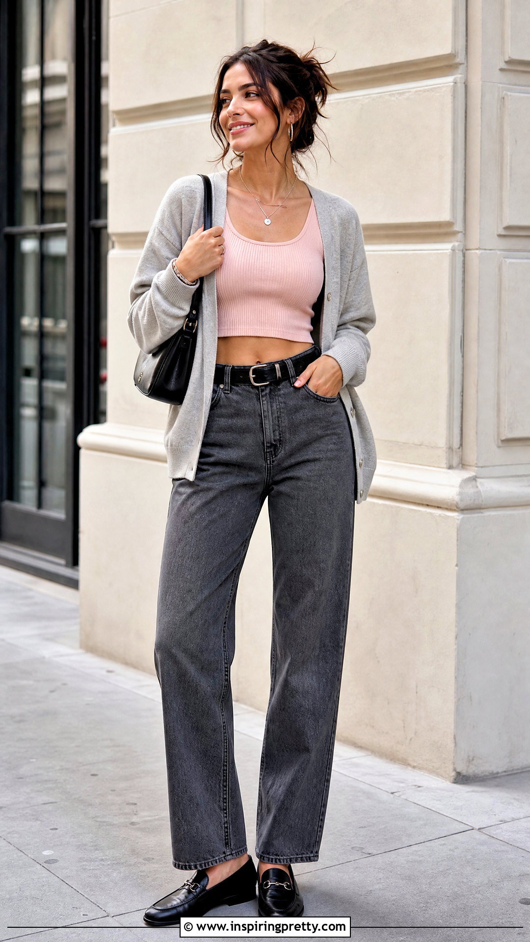 Pink Crop Top With Gray Jeans - 50 crop top outfits with jeans