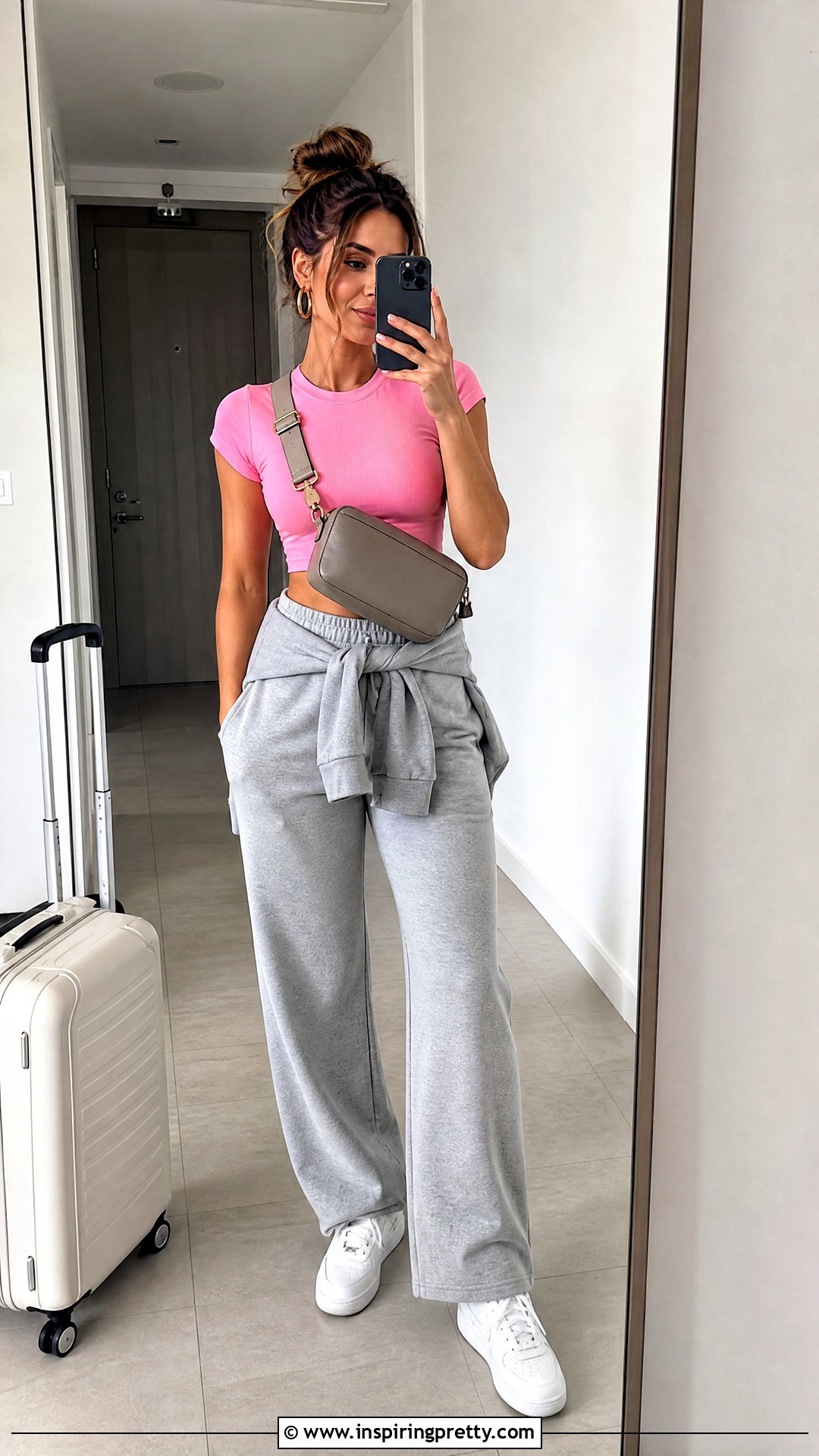 Pink Crop Top With Gray Sweatpants - 50 pink crop top outfit ideas