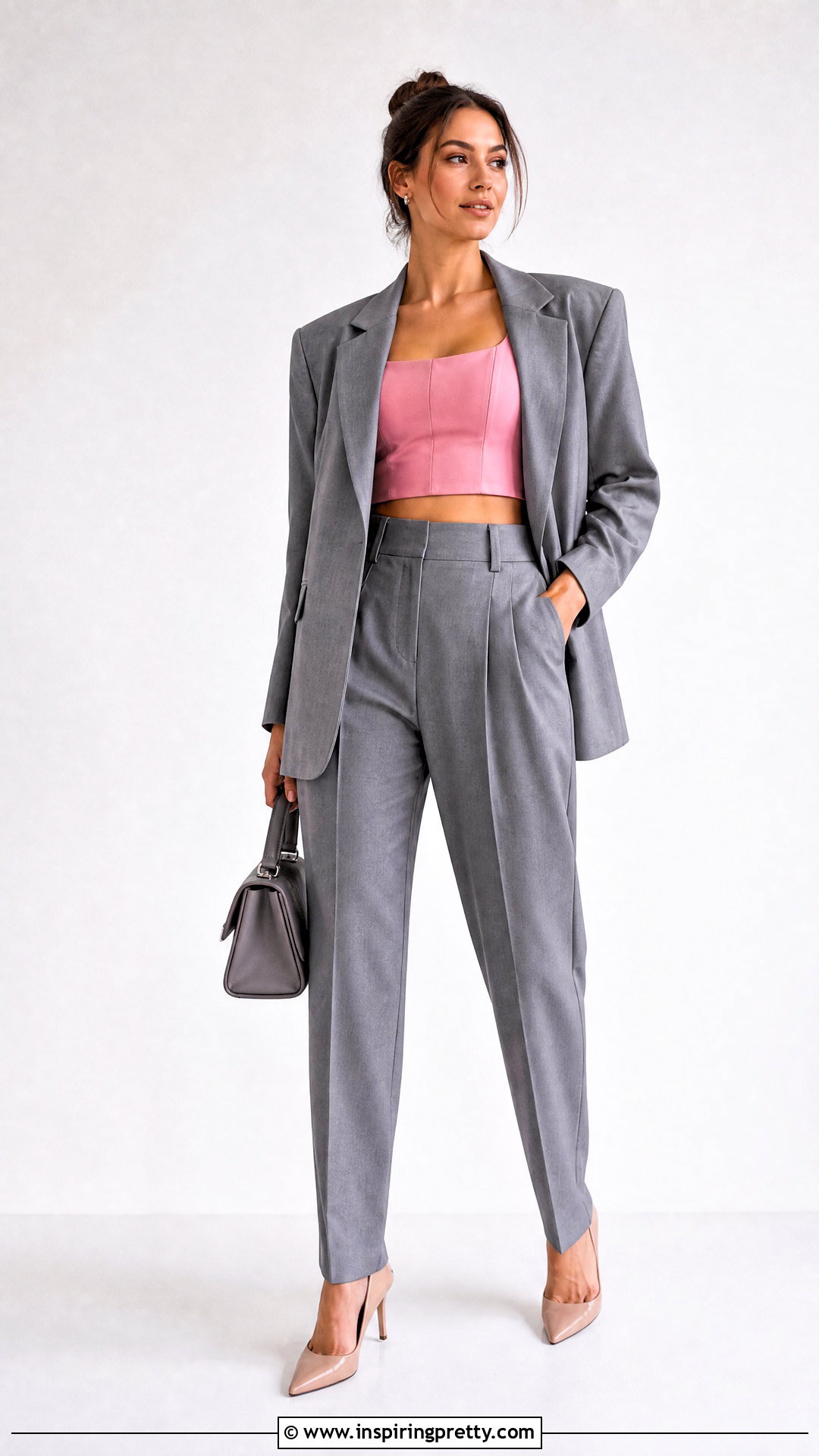 Pink Crop Top With Gray Tailored Trousers - 25 Pink Crop Top White Background ideas