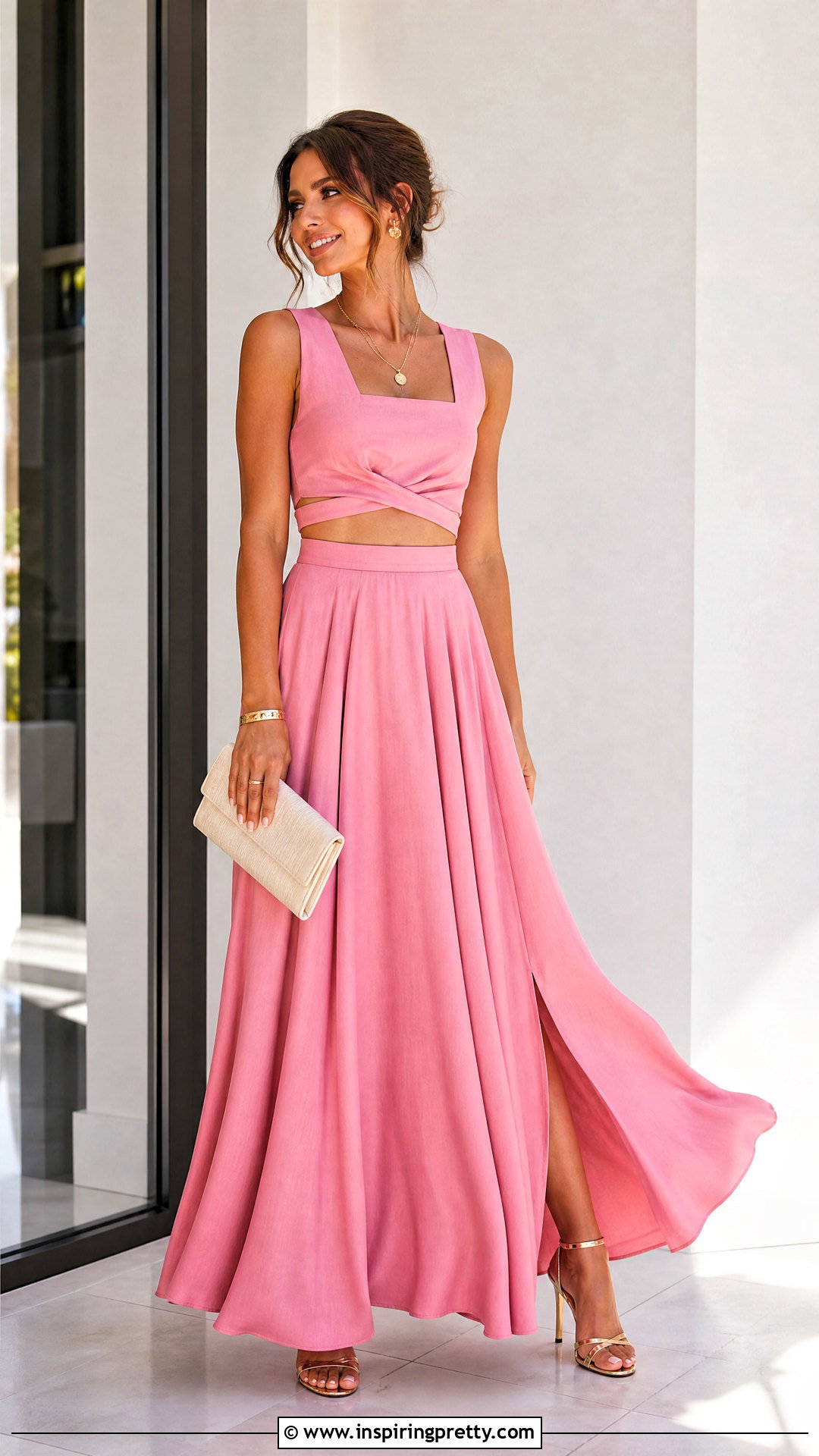 Pink Crop Top With Matching Maxi Skirt - 50 pink crop top outfit ideas