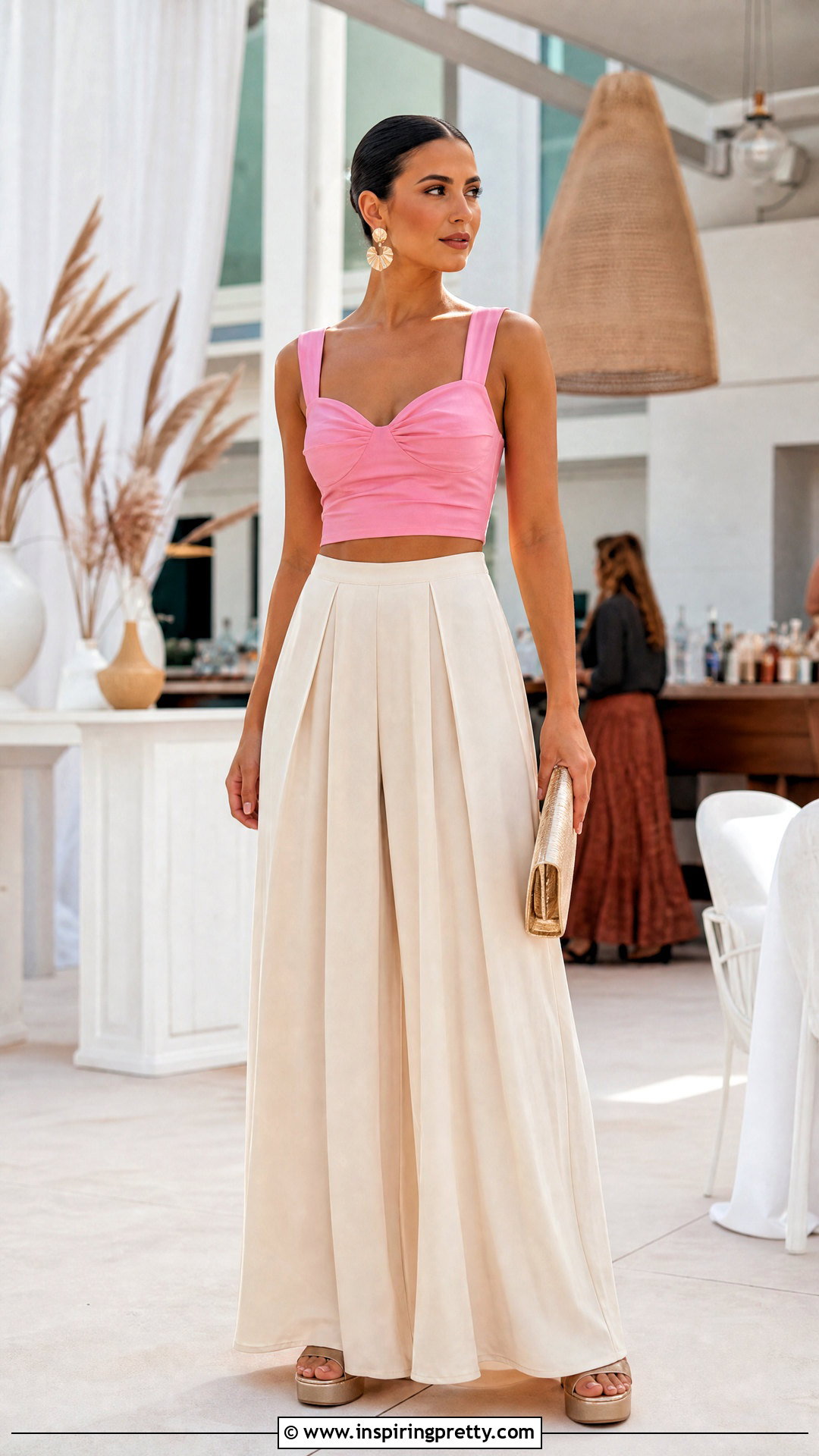 Pink Crop Top With Palazzo Pants And Platform Sandals - what to wear with a pink crop top (25 ways)