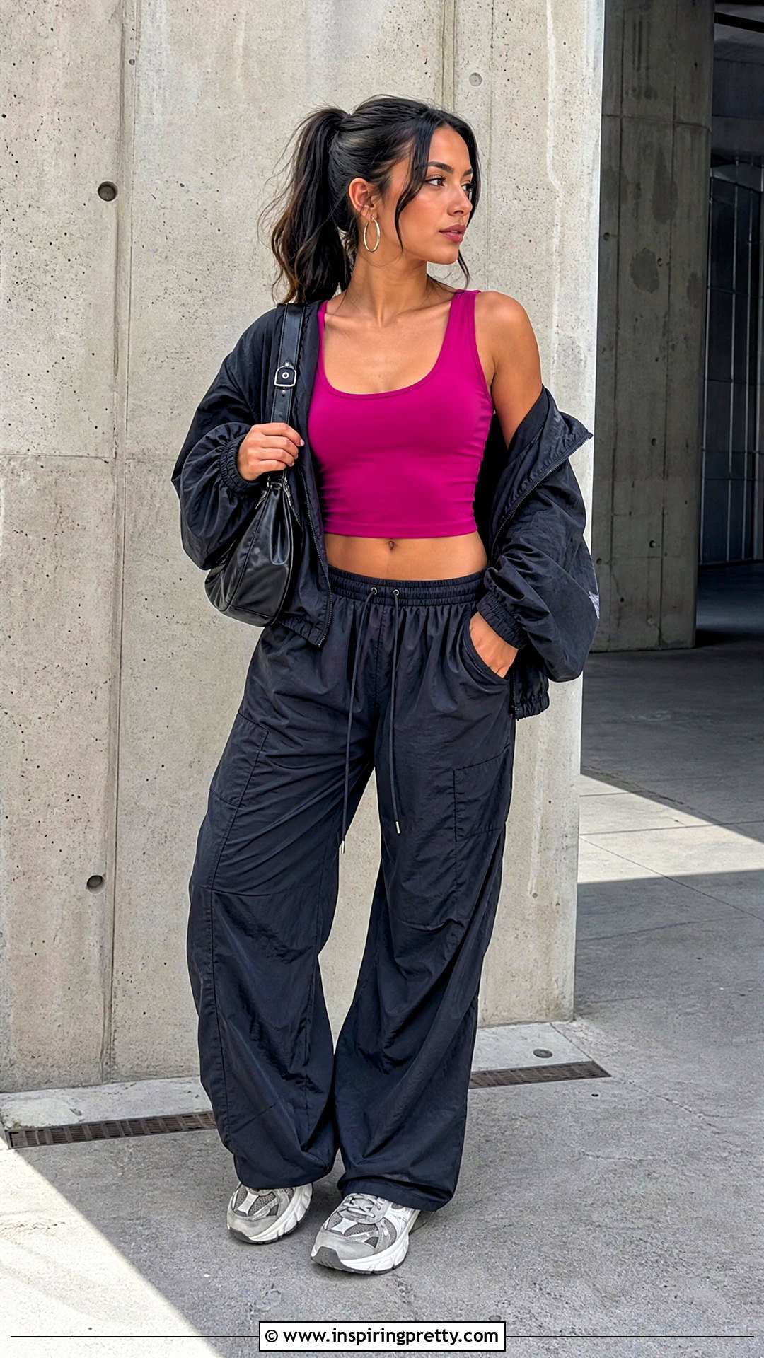 Pink Crop Top With Parachute Pants - 50 pink crop top outfit ideas