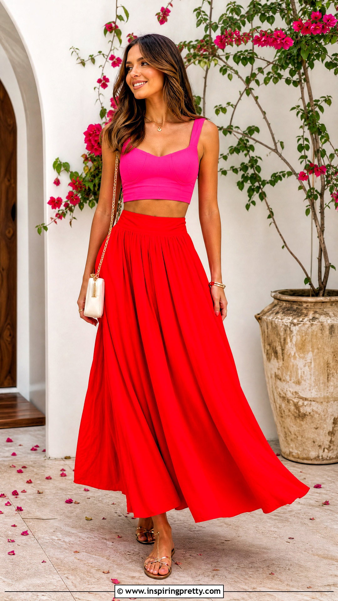 Pink Crop Top With Red Maxi Skirt - 50 pink crop top outfit ideas