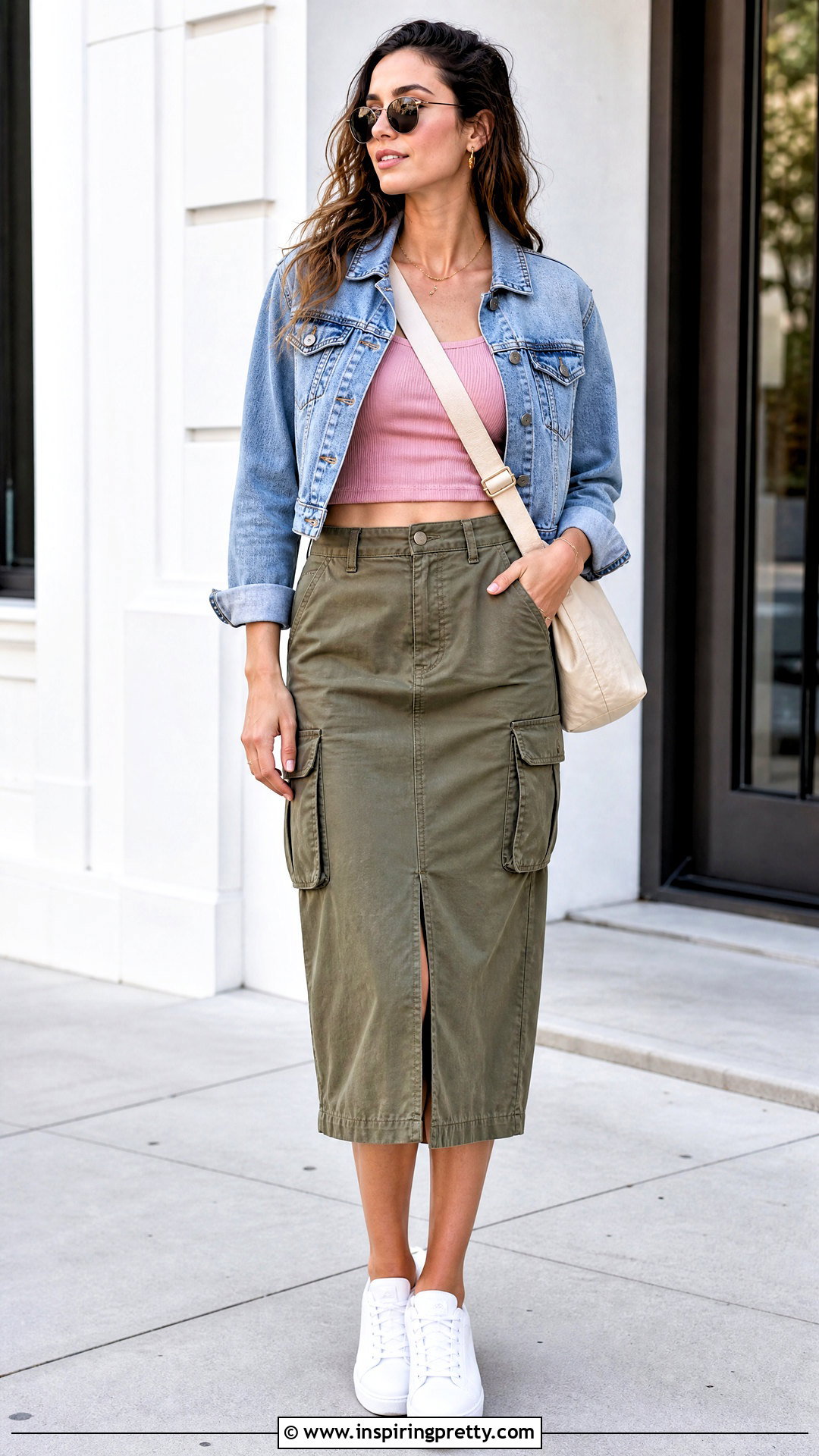 Pink Crop Top With Utility Skirt And Low Top Sneakers - what to wear with a pink crop top (25 ways)