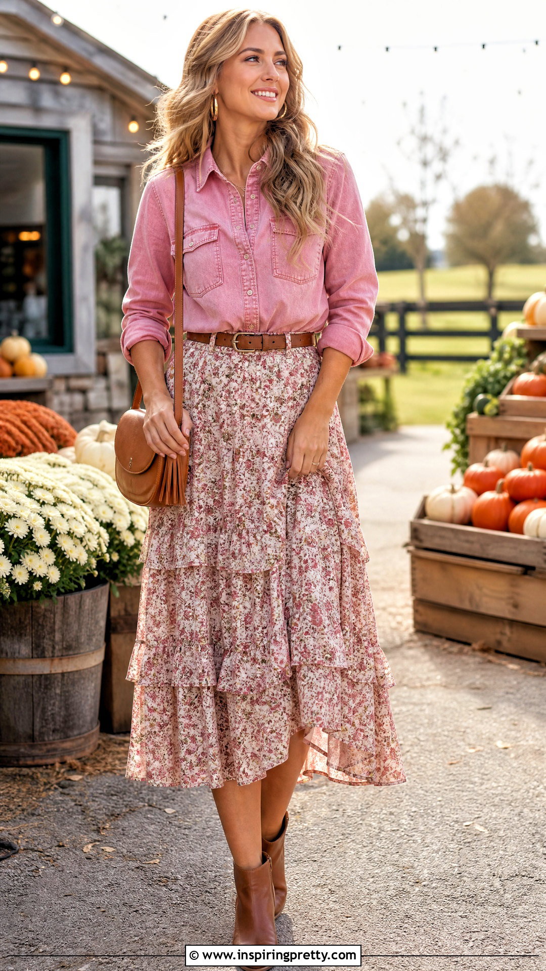 Pink Denim Shirt With Floral Tiered Skirt - 20 floral skirt and pink top set outfit ideas