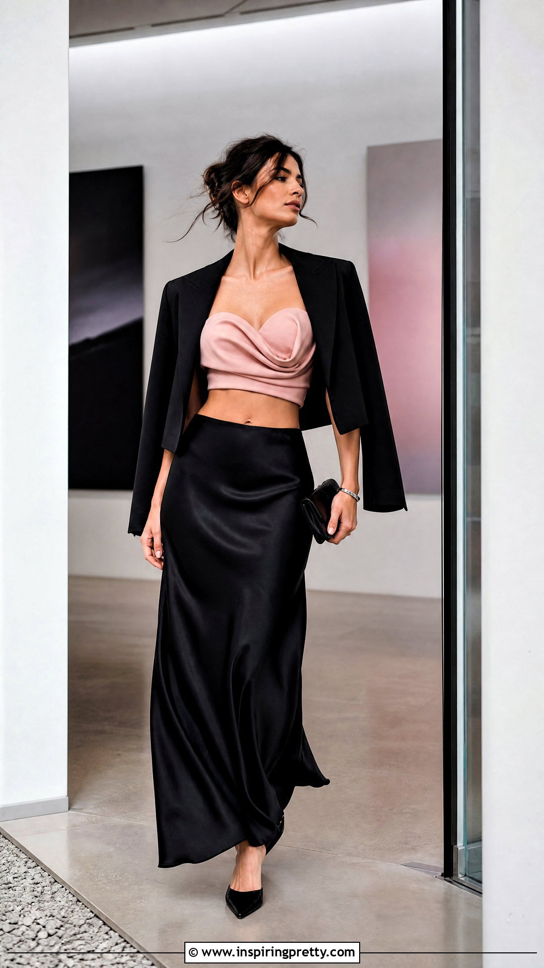 Pink Designer Crop Top With Black Satin Maxi Skirt - 20 pink designer crop top outfit ideas