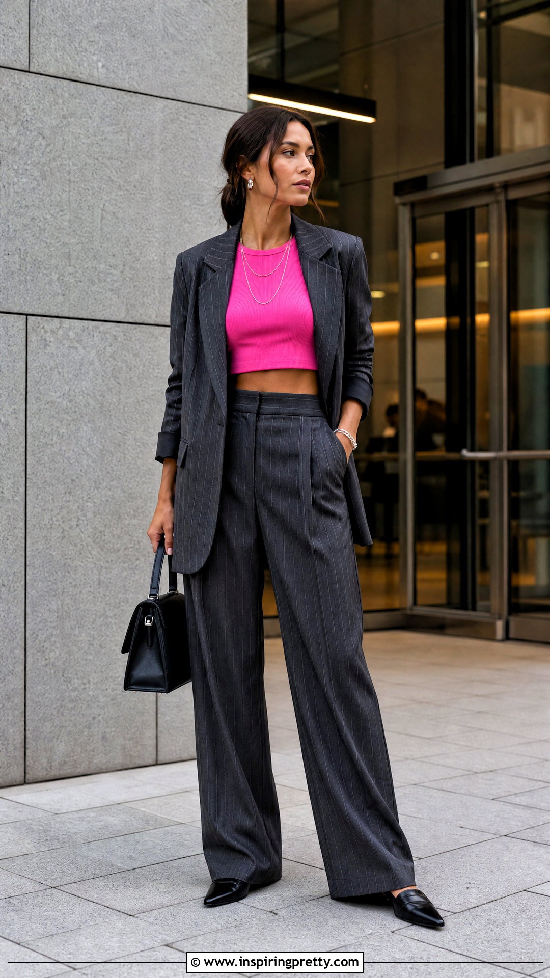 Pink Designer Crop Top With Pinstripe Trousers - 20 pink designer crop top outfit ideas