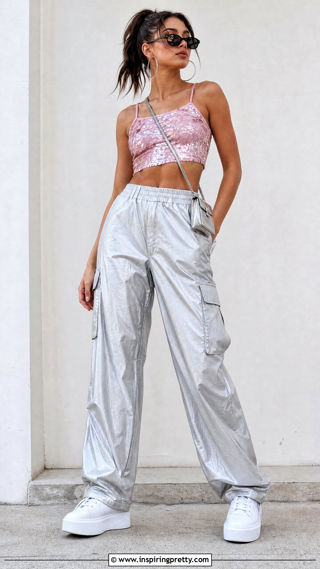 Pink Disco Crop Top With Silver Cargo Pants - 25 pink disco top outfit ideas