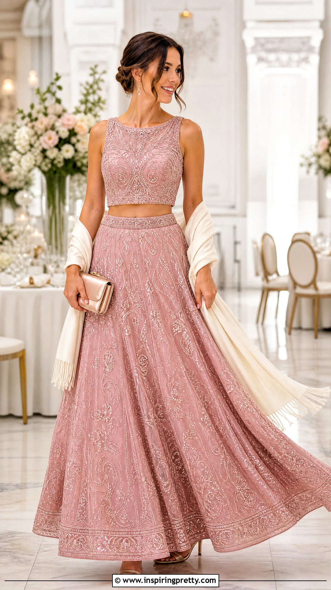 Pink Embellished Crop Top And Full Skirt Set - 20 Pink Crop Top And Skirt Set outfits