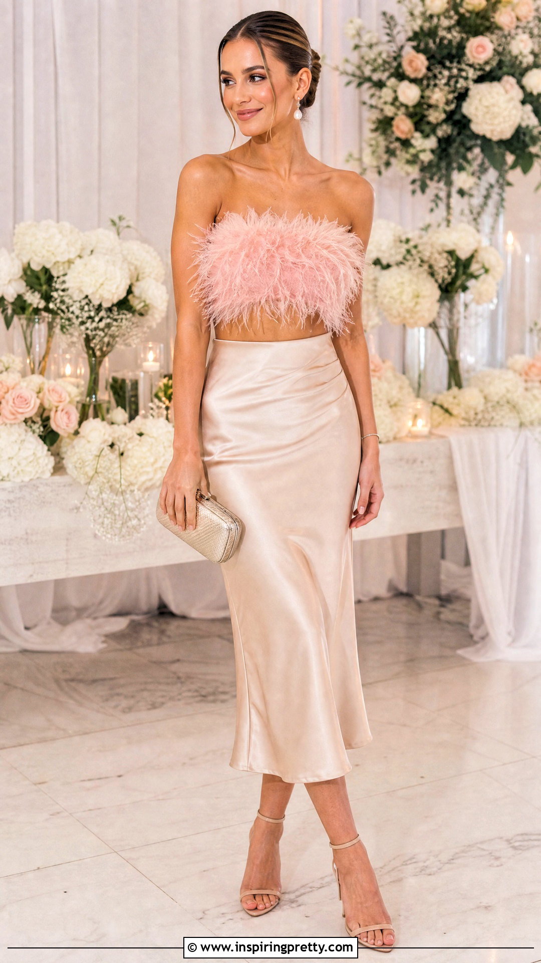 Pink Feather Crop Top With Satin Midi Skirt - 20 Feather Top Fashion ideas