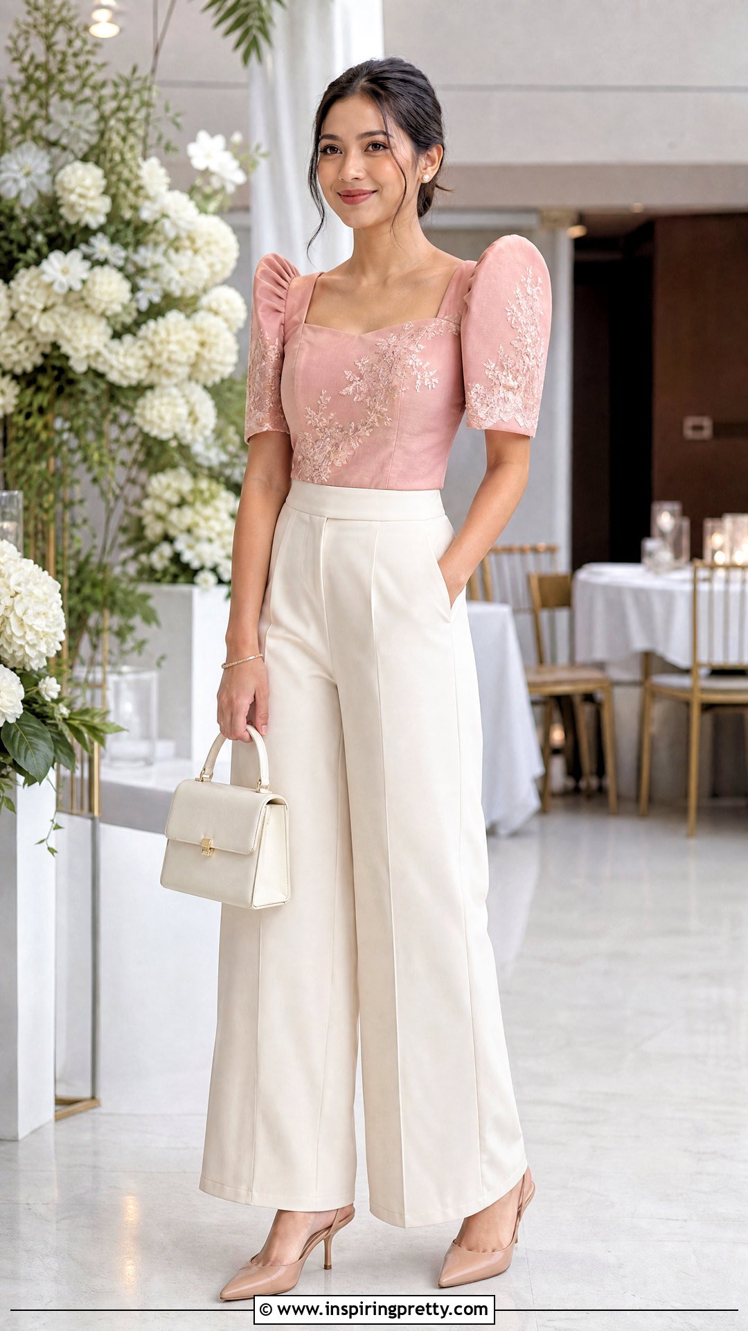 Pink Filipiniana Top With Cream Pants - 50 filipiniana top outfit ideas
