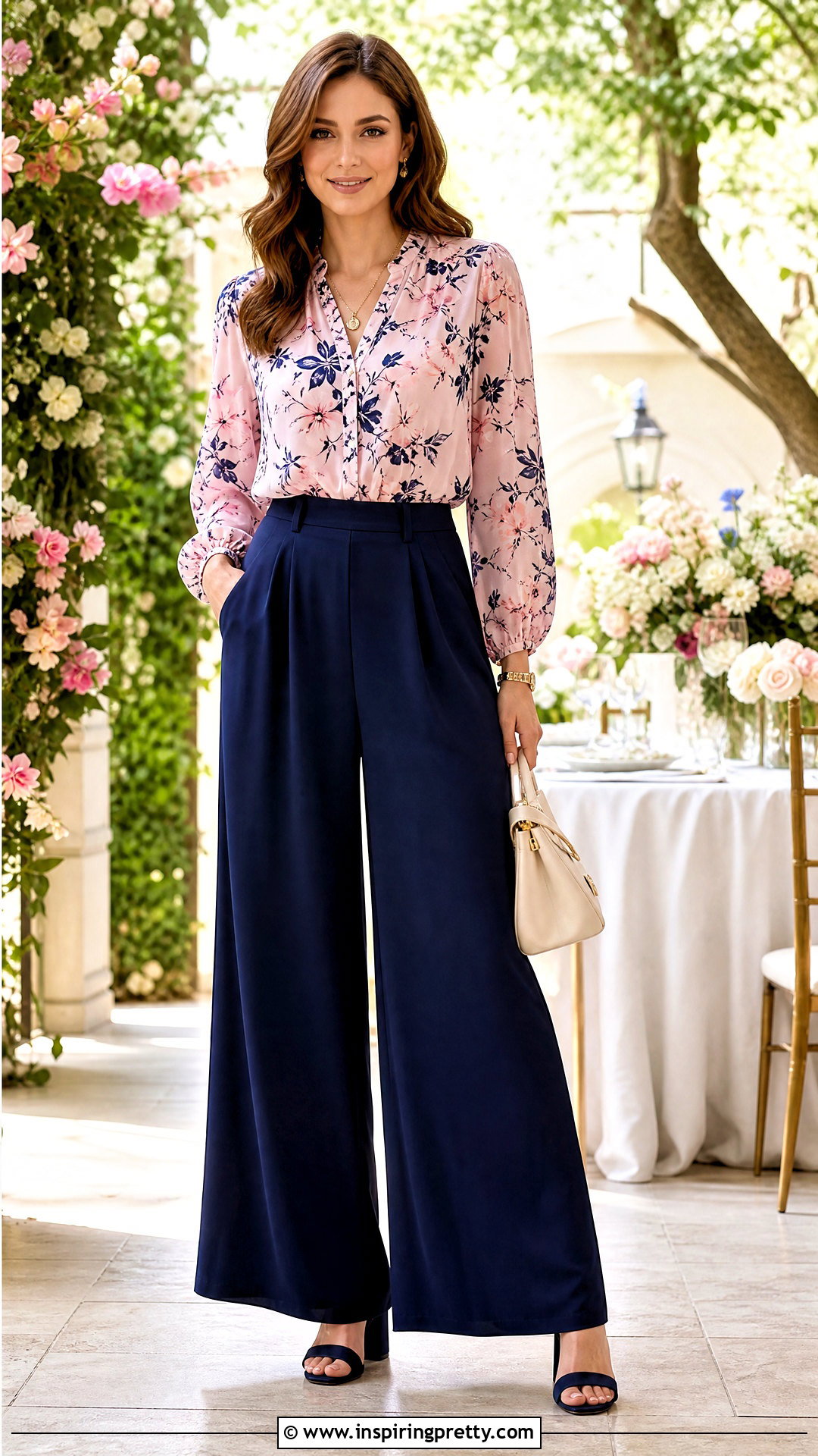 Pink Floral Blouse With Navy Blue Palazzo Pants - 25 Pink Top Navy Blue Pants