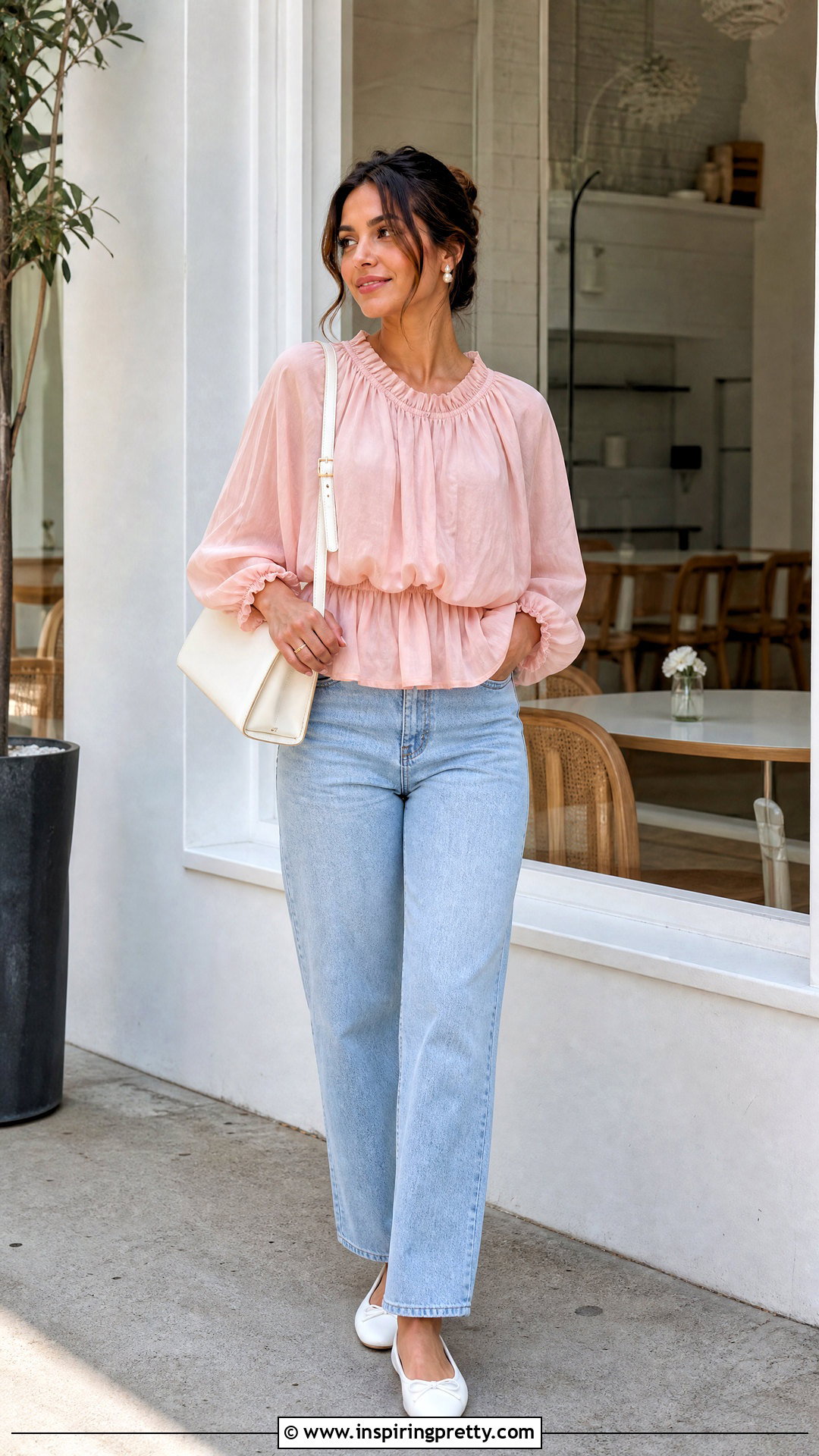 Pink Flowy Top With Light Wash Jeans - 50 cute flowy tops outfit ideas