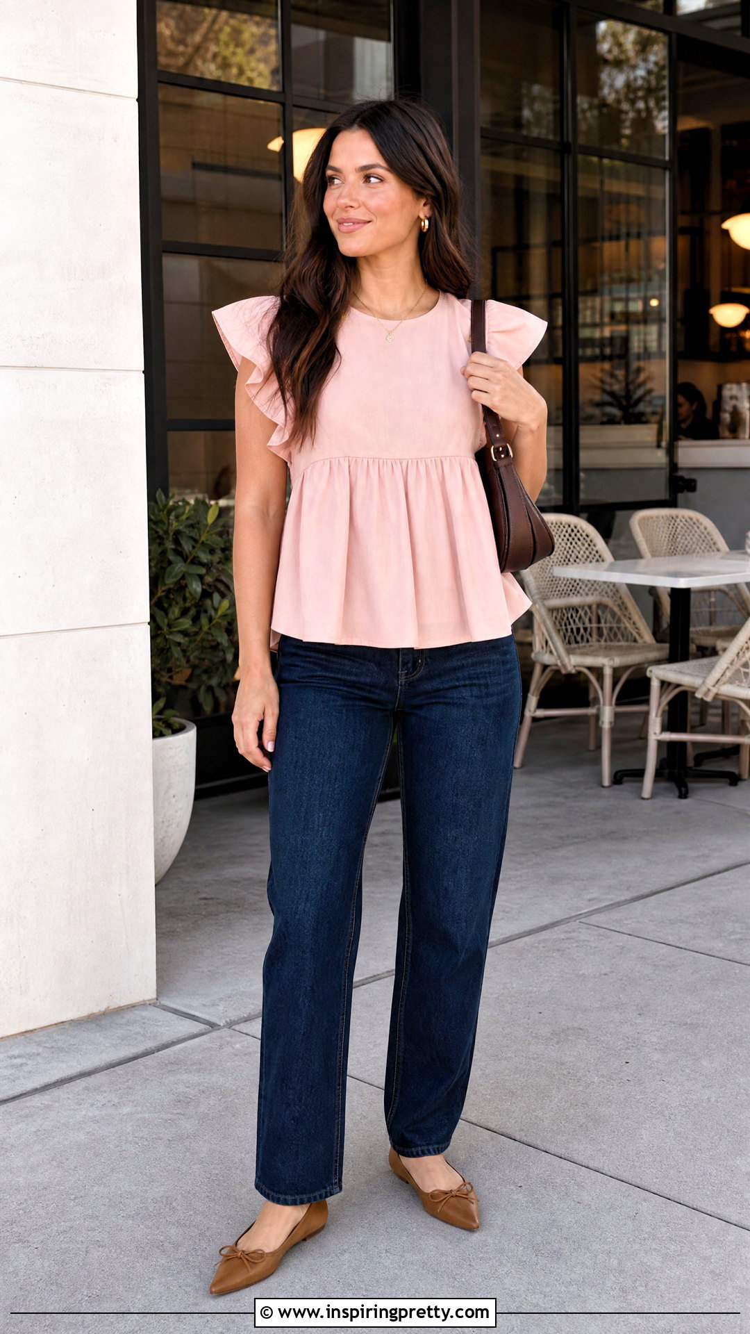 Pink Flutter Sleeve Babydoll Top With Dark Wash Jeans - 25 easy flutter sleeve babydoll top outfit ideas