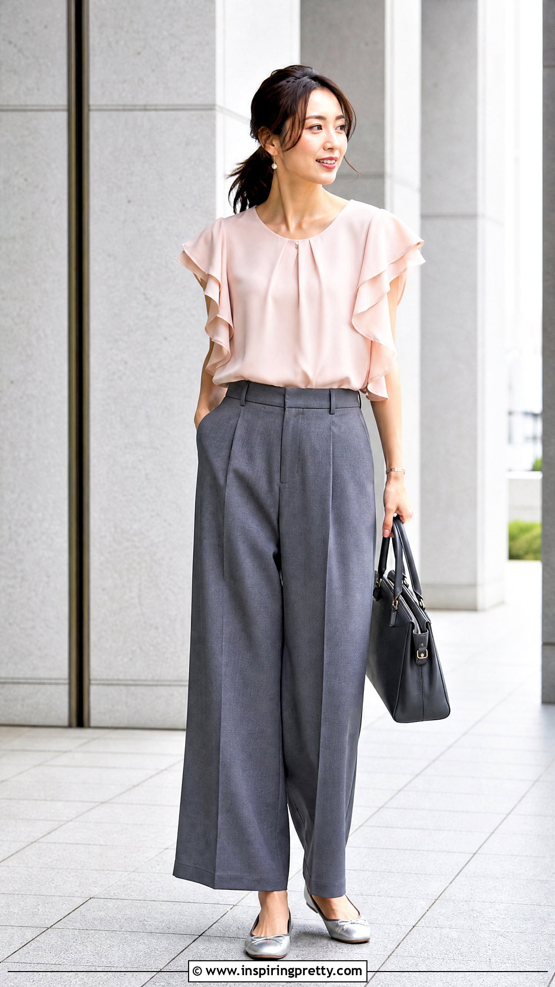 Pink Frill Top With Gray Trousers - 50 frill top outfit ideas
